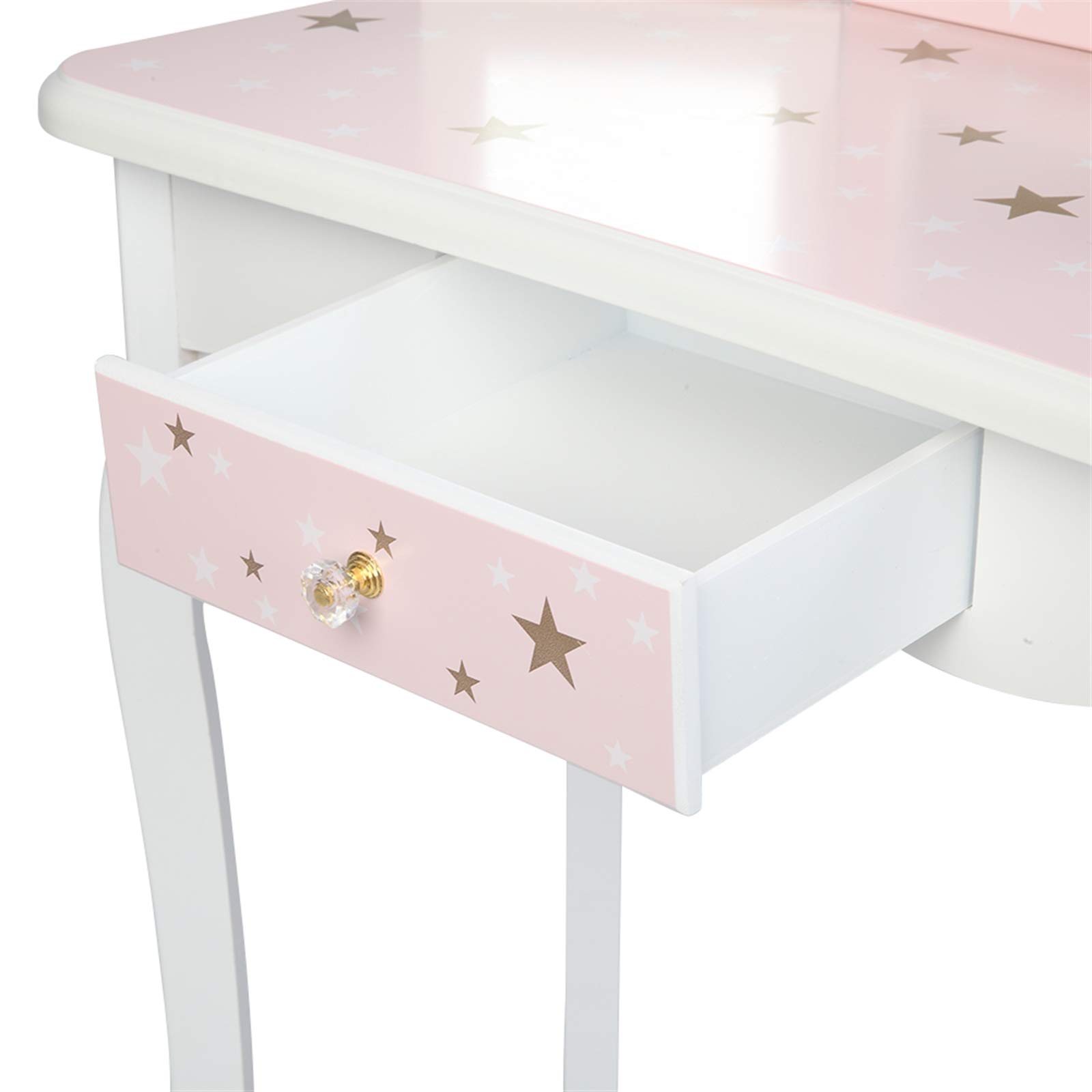 Pink Princess Vanity Set for Girls - Wooden Makeup Table & Chair with Tri-Fold Mirror & Drawers - Kids Dressing Table for Bedroom Decor (Pink Star Style) - Perfect for Birthday Gifts, Pretend Play & Room Makeover