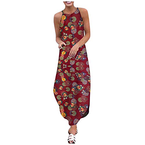 AoZhen Women's Summer Sleeveless Cotton Linen Dress - Plus Size Floral Print O-Neck Maxi Dress for Casual Wear, Beach Vacation & Outdoor Activities