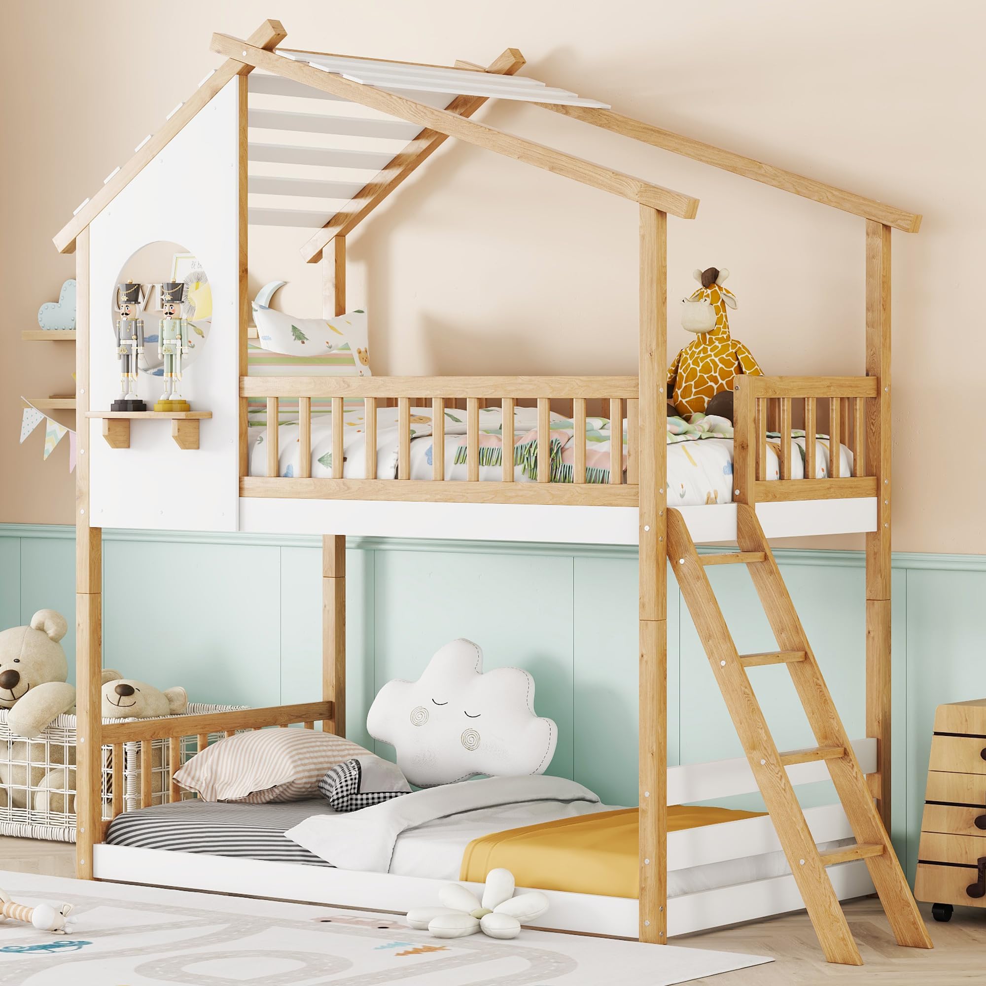 Twin Over Twin Wood Bunk Bed with Roof & Window - Sturdy Ladder Included | Space-Saving Kids & Teens Bunk Bed | No Box Spring Needed | Perfect for Small Bedrooms & Shared Kids' Rooms