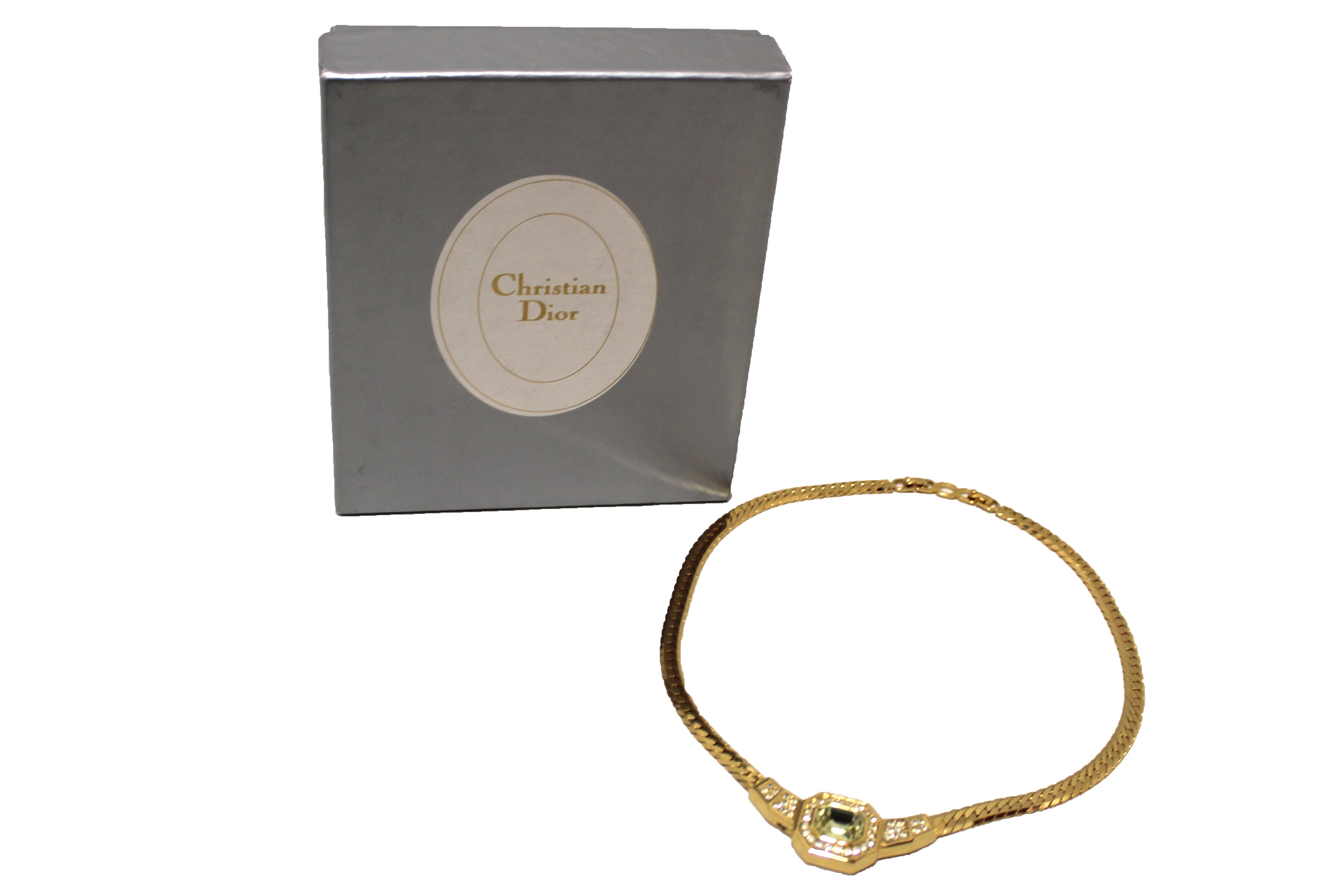 Authentic Vintage Christian Dior Gold Plated Light Green Crystal Collar Necklace - Perfect for Evening Parties, Weddings & Special Occasions