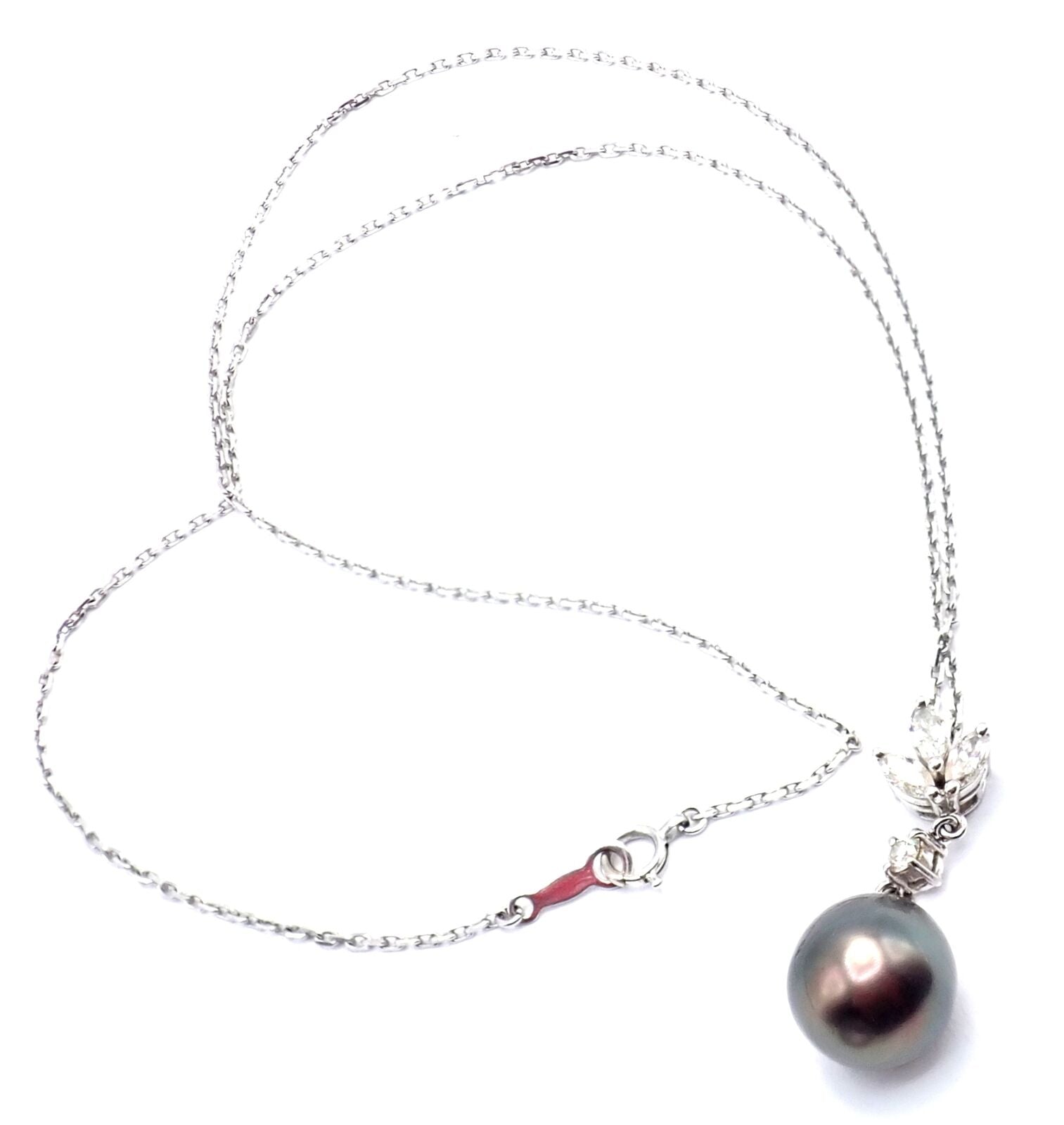 Authentic Mikimoto 18K White Gold Tahitian Pearl & Diamond Pendant Necklace - Elegant Jewelry Gift for Women, Perfect for Weddings, Anniversaries & Special Occasions