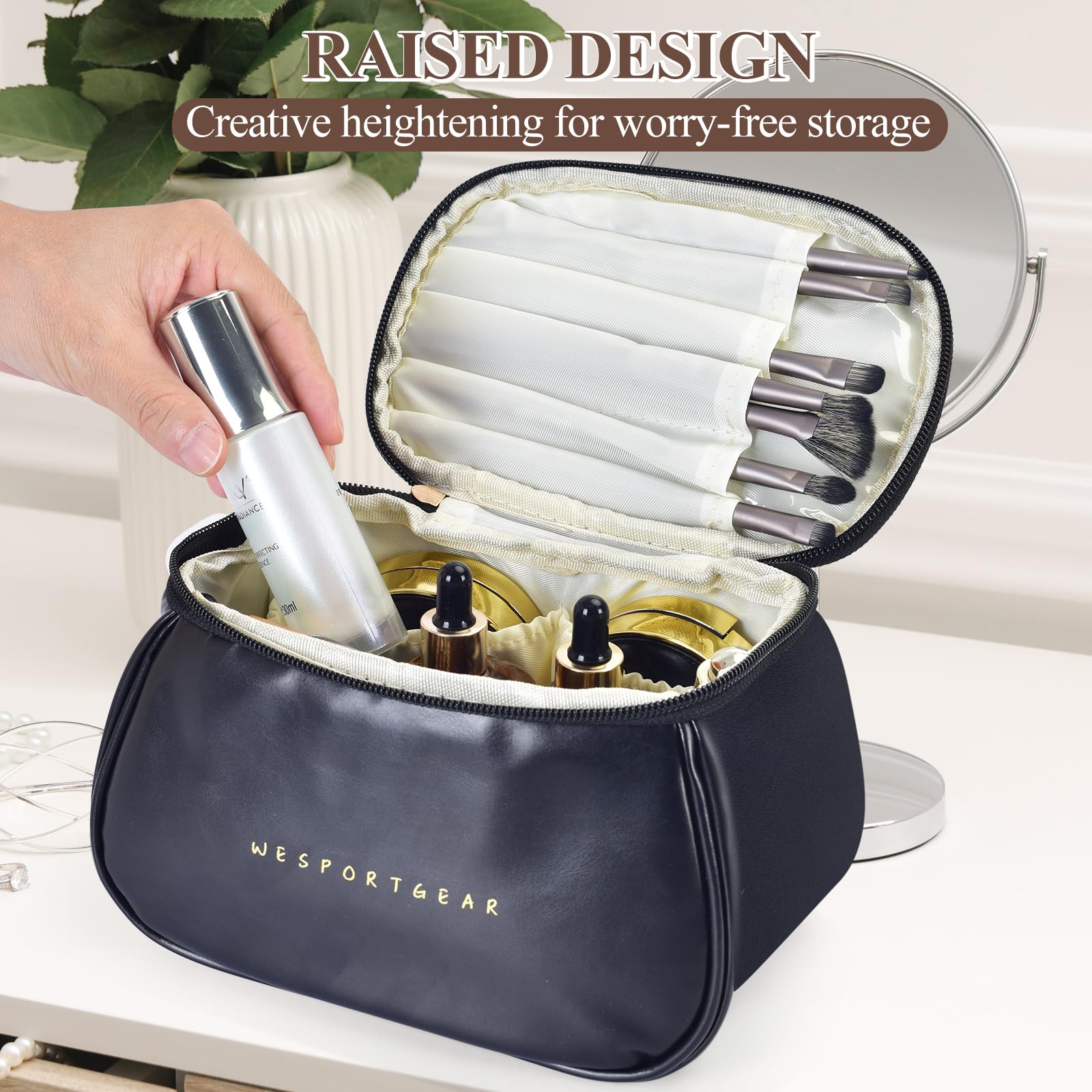 Waterproof Travel Makeup Bag for Women - Large Capacity Cosmetic Organizer with Multiple Compartments | Portable Toiletry Bag for Vacation, Business Trips & Gym Essentials (Black)