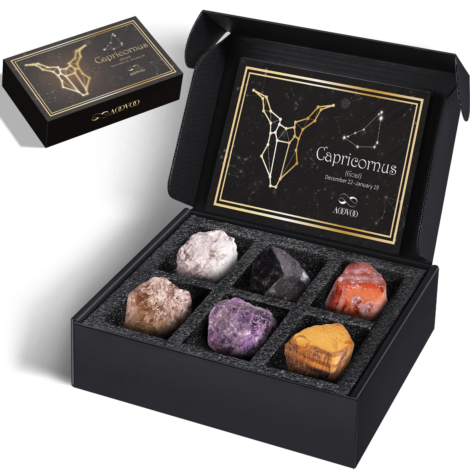 AOOVOO 12 Zodiac Healing Crystals Gift Set - 6 Pcs Natural Gemstone Kit for Capricornus & All Astrology Signs | Birthstone, Chakra Stones with Gift Box | Perfect Spiritual Gifts for Women & Men | Meditation, Yoga, Home Decor & Energy Healing