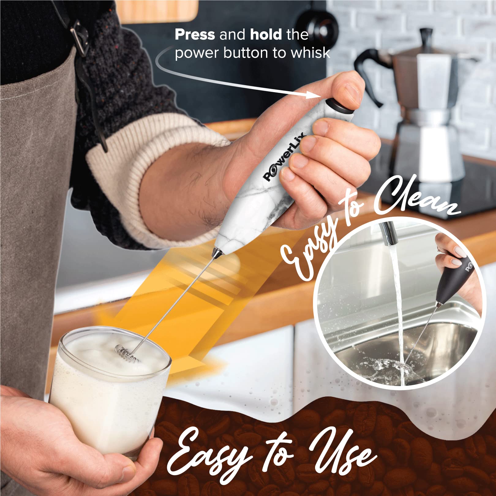 PowerLix Powerful Handheld Milk Frother - Battery Operated Foam Maker for Coffee, Latte & Cappuccino - Includes Stand (Black/White Marble) - Perfect for Home, Office & Coffee Shops