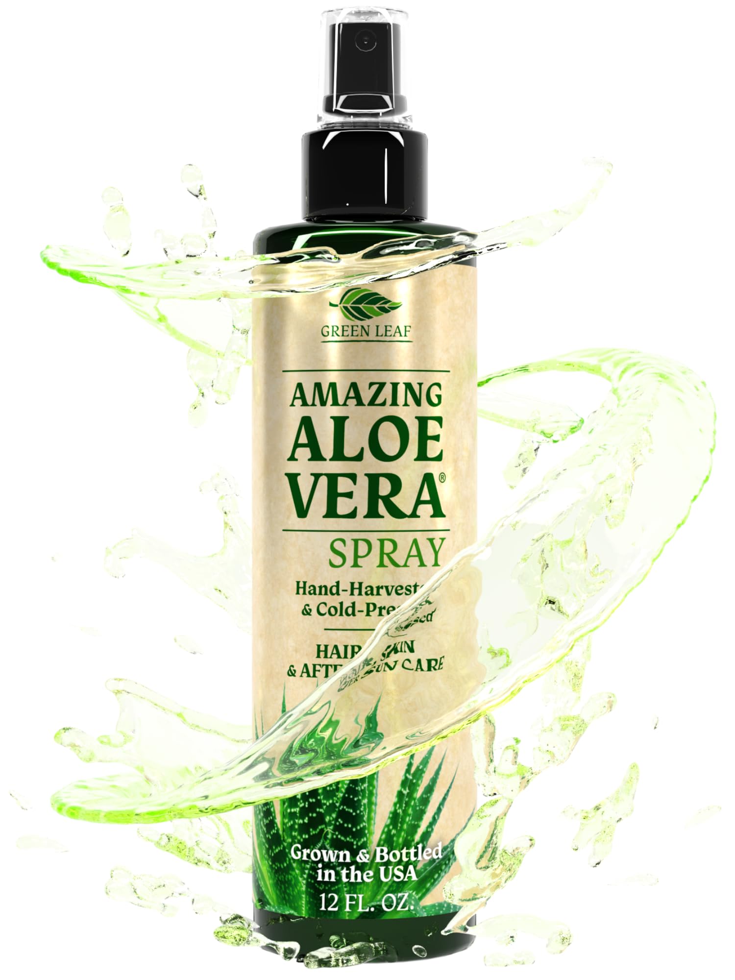 Green Leaf Naturals Aloe Vera Spray - 99% Pure Cold-Pressed Aloe Juice with Vitamins C, E & A | Hydrating Hair & Skin Moisturizer, Sunburn Relief, After Sun Care | Perfect for Sunburn, Dry Skin & Post-Workout Recovery (12oz)
