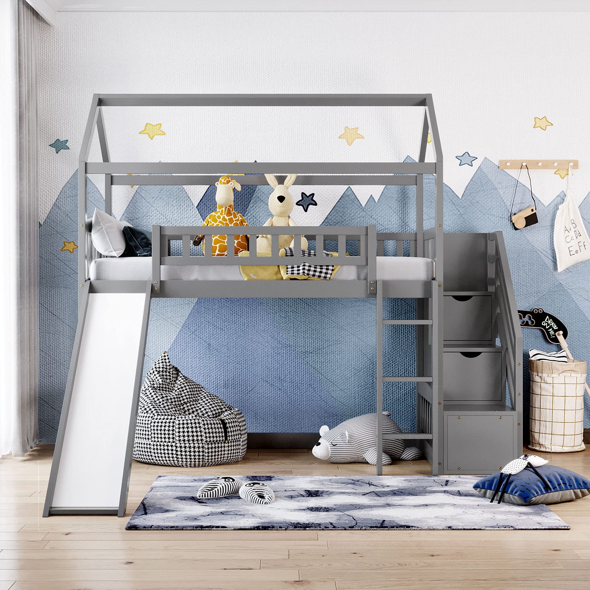 Twin Loft Bed with Slide & Stairs - Wooden House Cabin Bed for Kids & Toddlers with Storage Drawers | Space-Saving Kids Bedroom Furniture for Small Rooms & Play Areas (Grey)