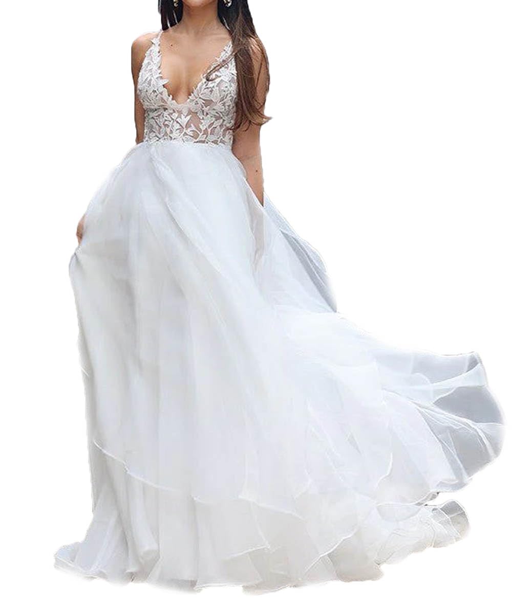 Elegant Double V Neck Lace Applique Wedding Dress for Bride - A-Line Tulle Ball Gown with Lace Detailing | Perfect for Bridal Showers, Wedding Ceremonies & Formal Events