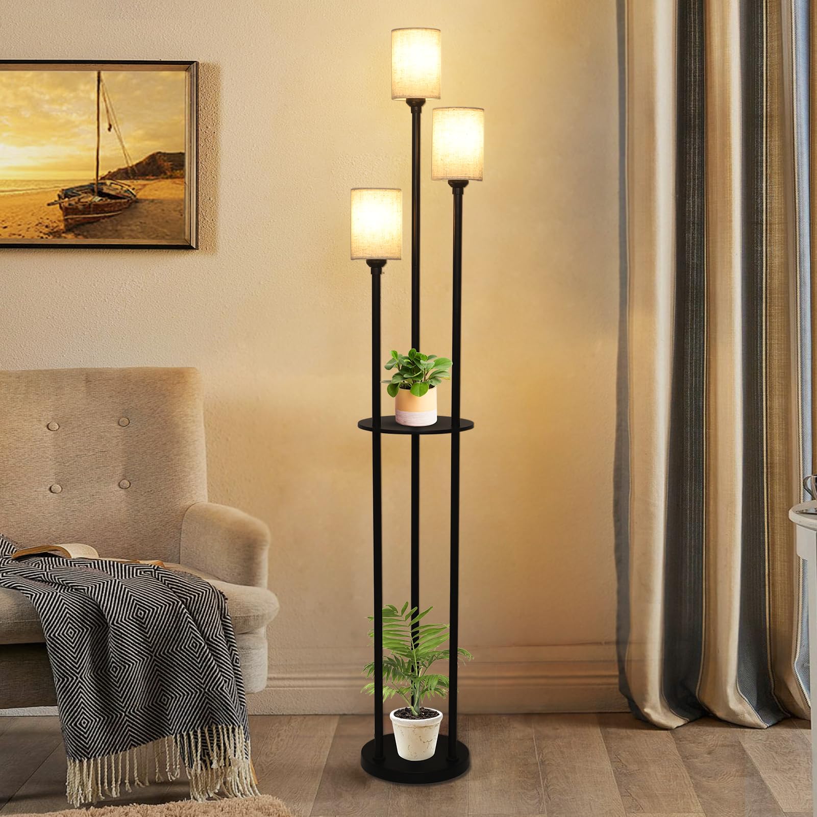 Modern 3-Light Floor Lamp with Shelves & Linen Shade - Industrial Standing Lamp for Living Room, Bedroom & Office - Adjustable Height with Foot Switch (Black) - Perfect for Reading, Working & Home Decor