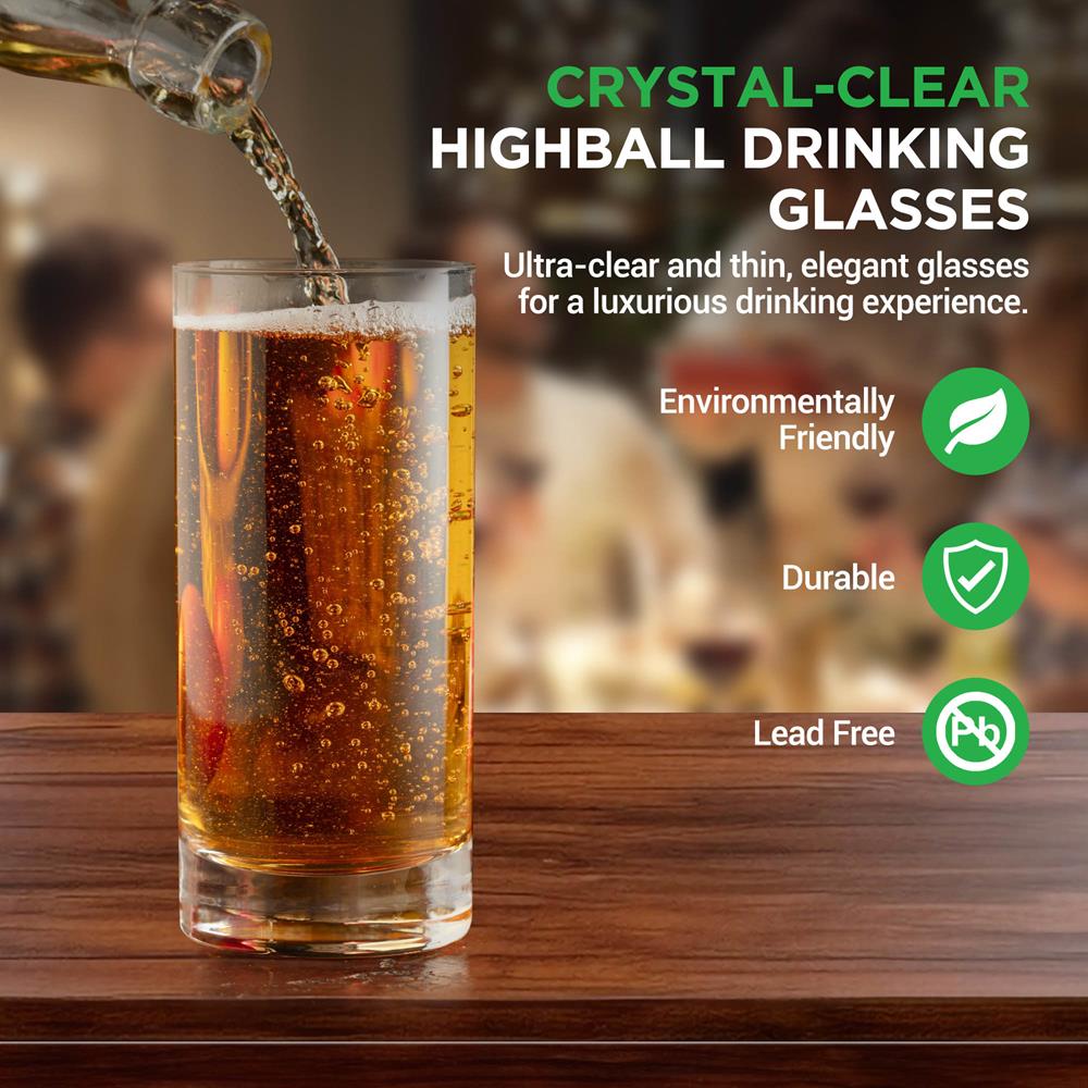 Premium Clear Highball Drinking Glasses - 16oz Crystal Clear Bar Glasses for Cocktails, Whiskey, Iced Tea & More - Perfect for Home Bars, Parties & Restaurants