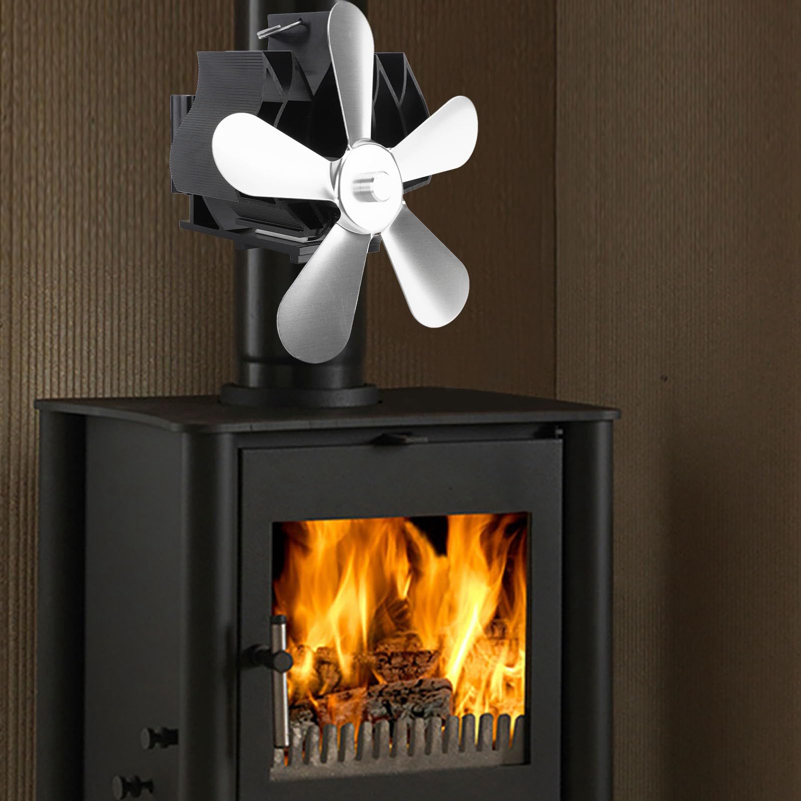 Heat Powered Stove Fan - 5 Blade Wood Burning Fireplace Fan (Silver) for Efficient Heating