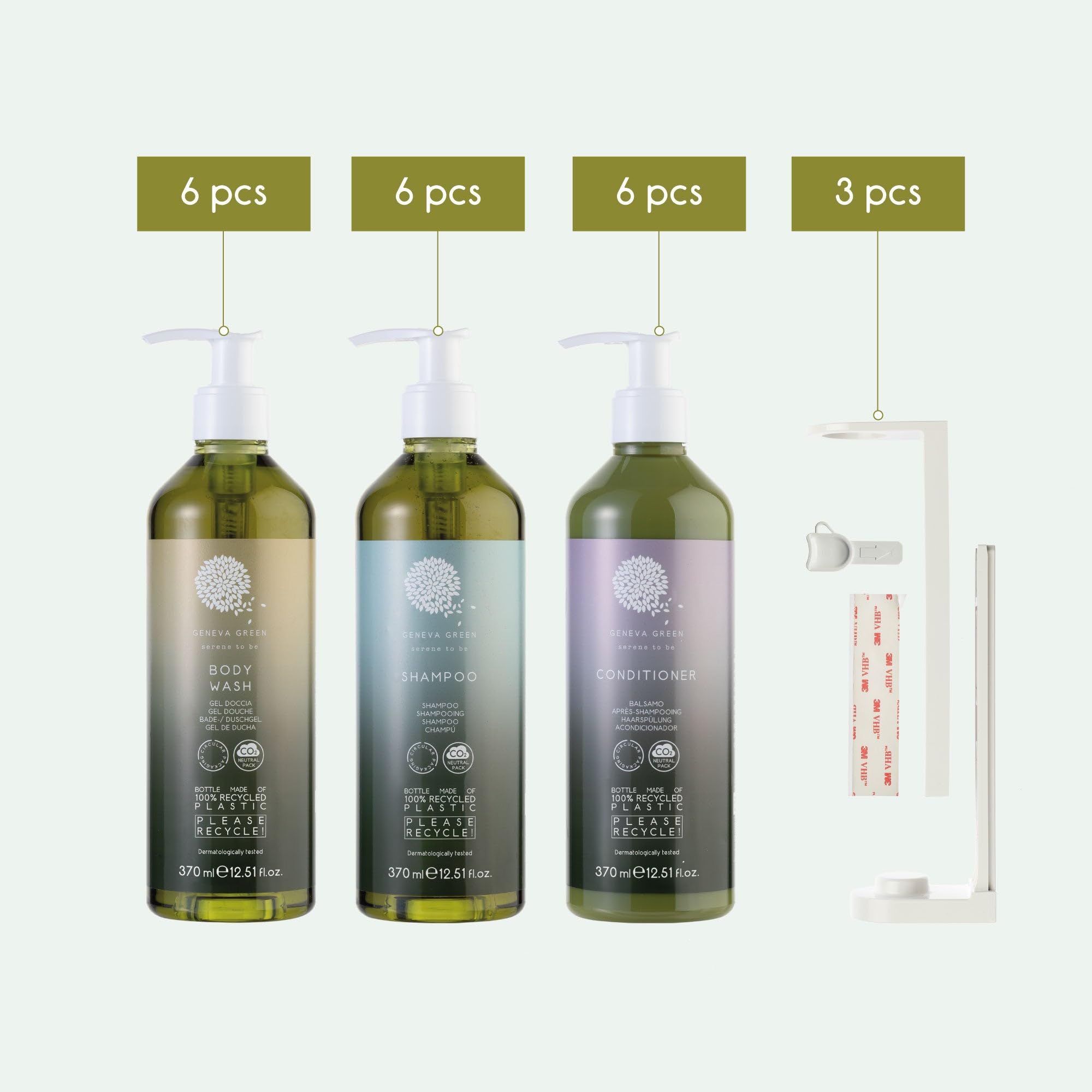 6-Pack Body & Hair Care Kit - Organic Body Wash, Moisturizing Shampoo & Conditioner (16.23 fl.oz Each) - Eco-Friendly Sustainable Packaging, Made in Italy - Includes 3 Free Wall Mount Brackets - Perfect for Home, Gym & Travel Use