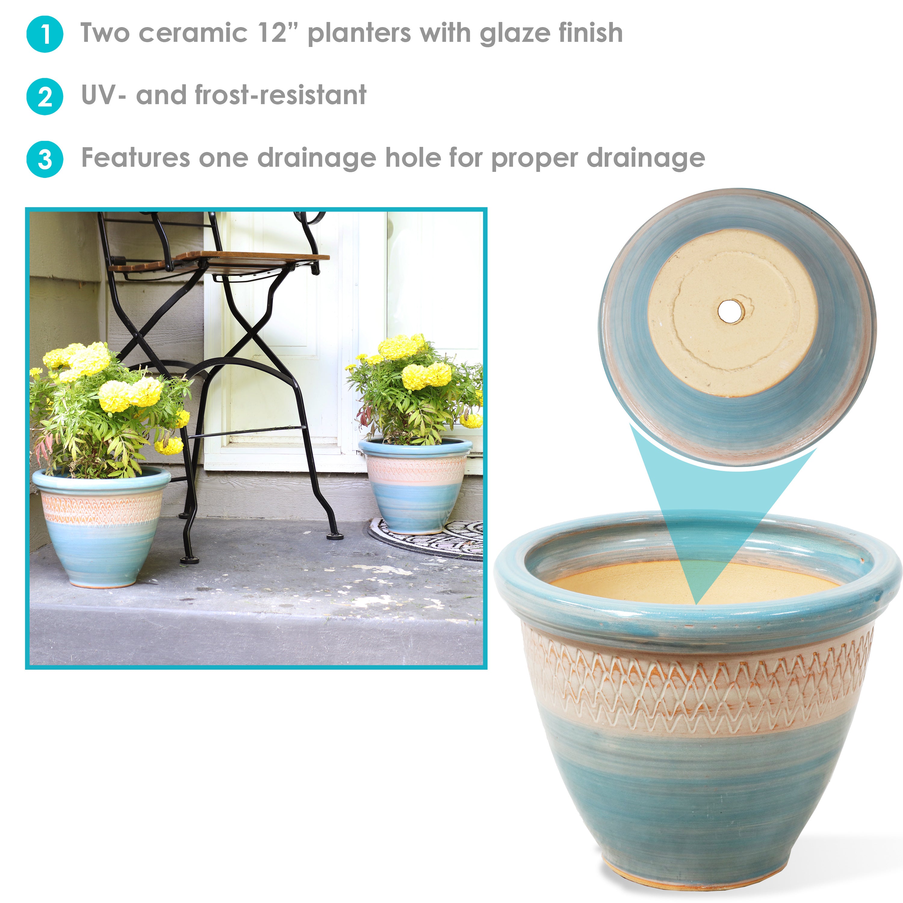 Sunnydaze Set of 2 Indoor/Outdoor Ceramic Planters - 12 Inch Decorative Flower Pots for Home, Garden, Patio & Balcony Decor