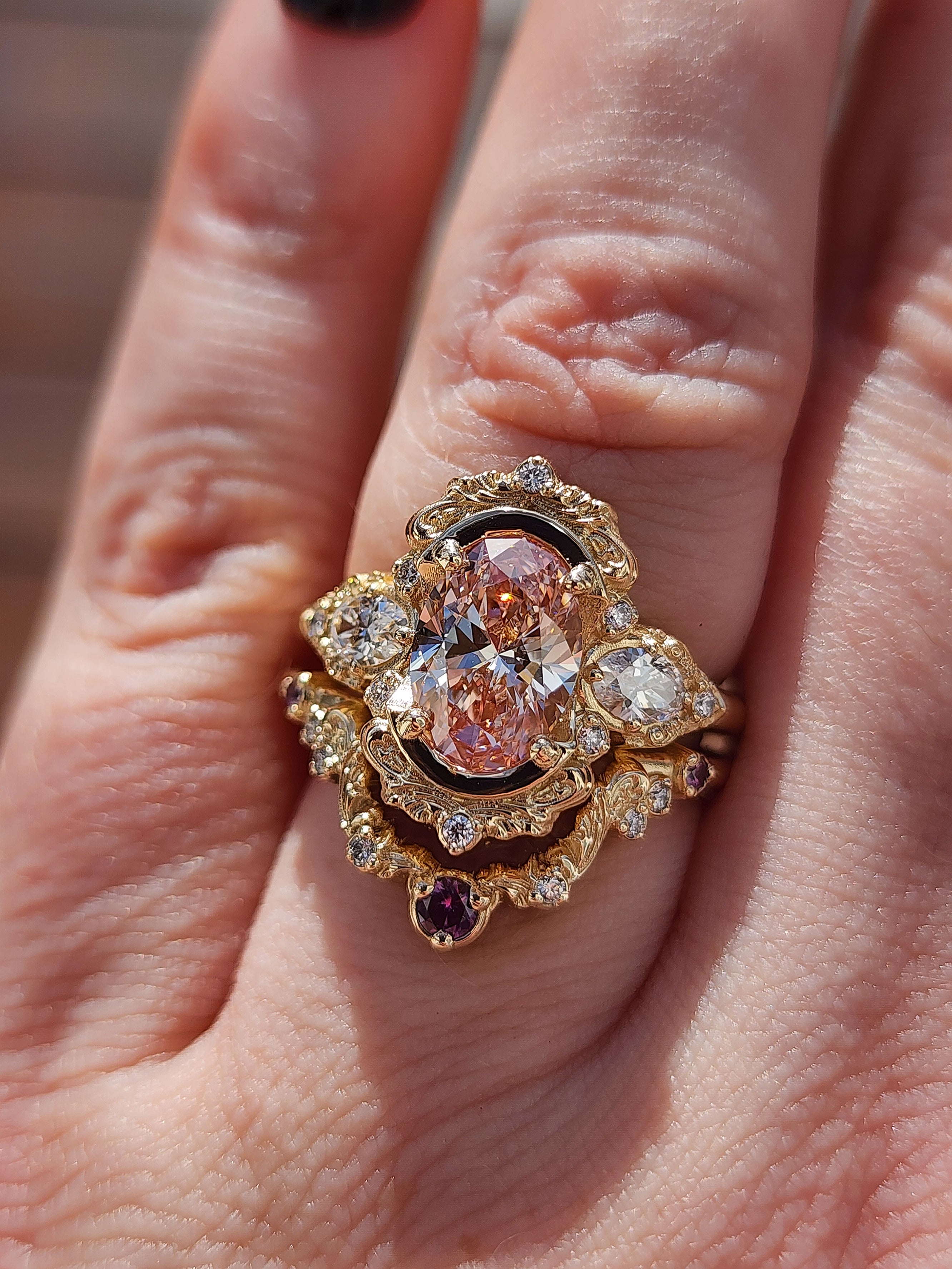 Ready to Ship Size 6-8 Fancy Pink Diamond Josephine Engagement Ring with Oval Side Stones & Berry Sapphire Diamond Wedding Band in 14K Yellow Gold – Perfect for Proposals, Anniversaries & Bridal Jewelry Sets
