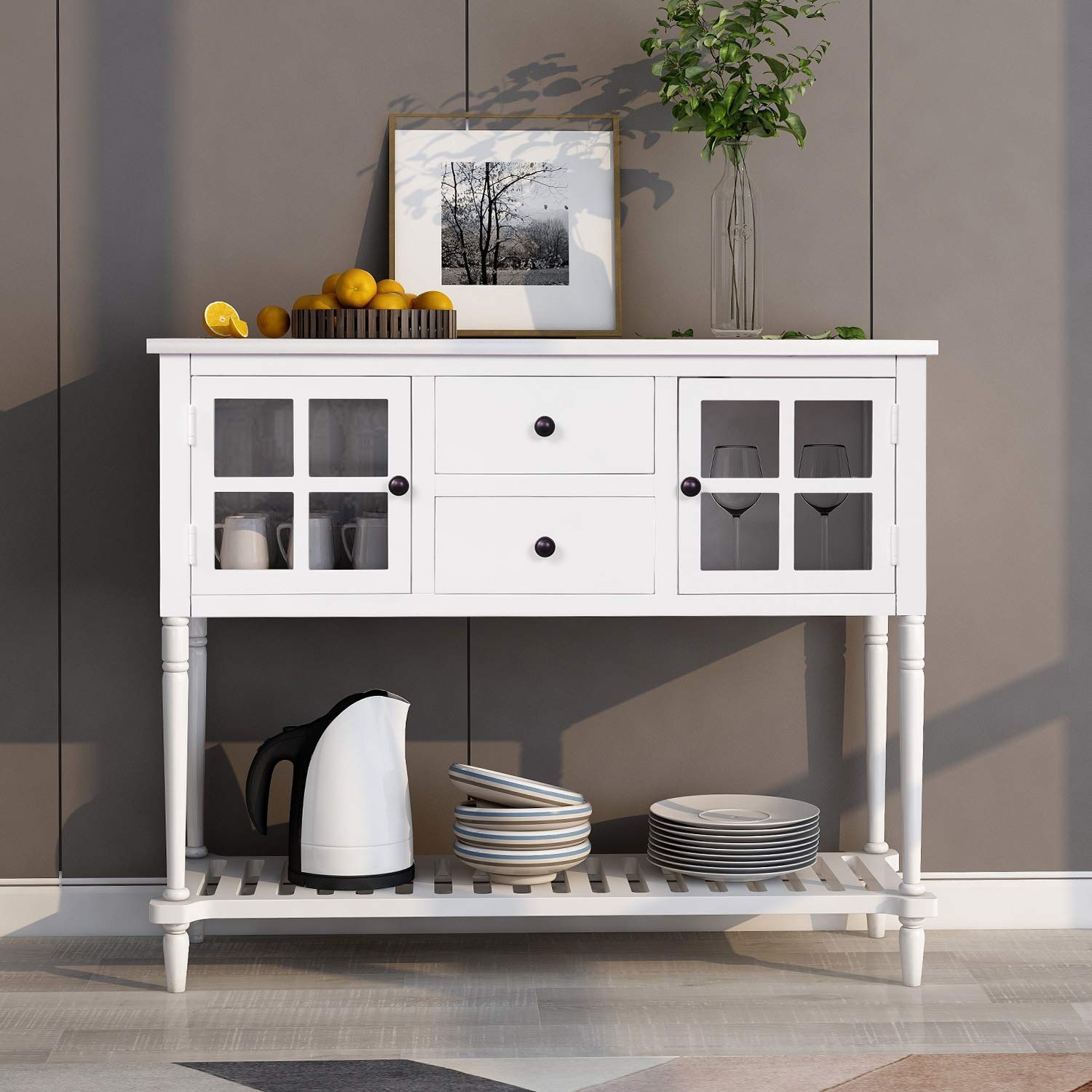 Farmhouse Style Sideboard Console Table with Glass Top and Bottom Shelf - Entryway Sofa Table, Buffet Storage Cabinet for Living Room, Hallway & Dining Room - White