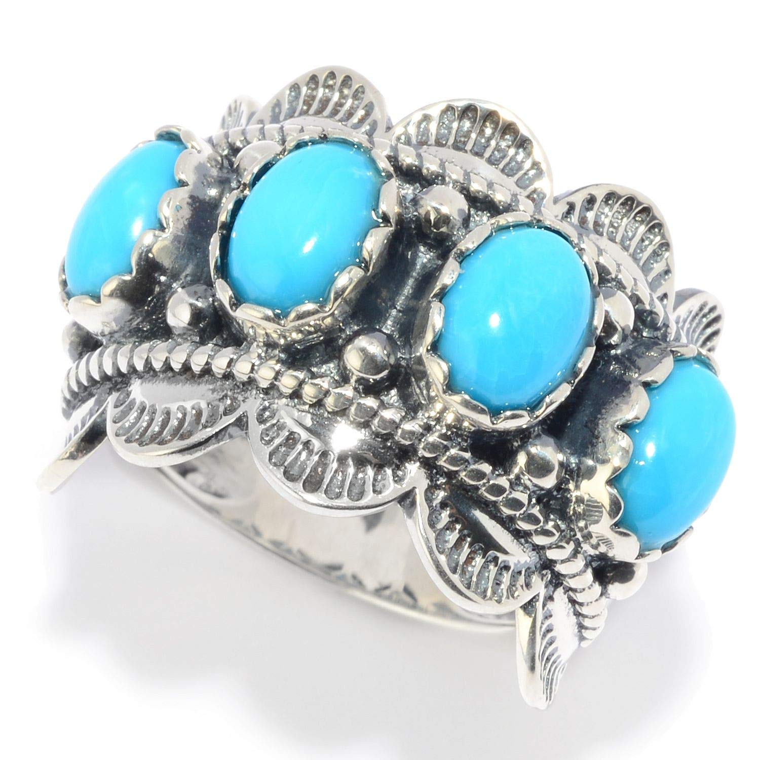 Sterling Silver Kingman Turquoise Scalloped Edge Band Ring for Women | Handmade Southwest Jewelry | Perfect for Boho Fashion, Wedding & Gift Giving