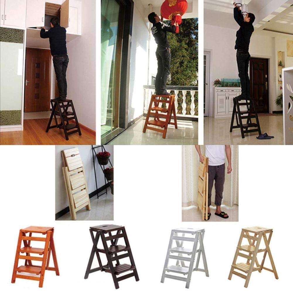 KAZUP 3-Step Wooden Folding Step Stool for Indoor Use - Solid Wood Ladder Stool, Flower Stand, Multi-Functional Chair - Perfect for Home, Kitchen, Bathroom, and Gardening