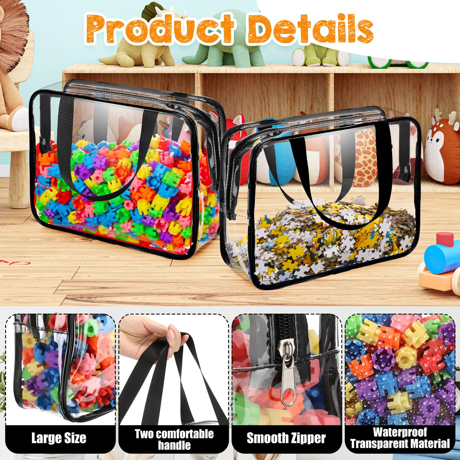 12-Piece Large PVC Clear Toy Storage Bags with Zipper - Waterproof Organizer for Building Blocks, Puzzles, Kids Books (Black) - Perfect for Playroom, Classroom & Home Organization