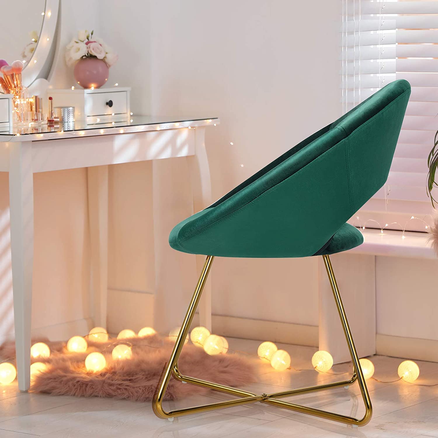 Mid-Century Velvet Accent Chair with Metal Legs - Green Upholstered Vanity Desk Chair for Living Room, Bedroom & Home Office - Golden Finished Modern Sofa Armchair (Set of 2) | Perfect for Reading Nooks, Lounge Areas & Stylish Workspaces