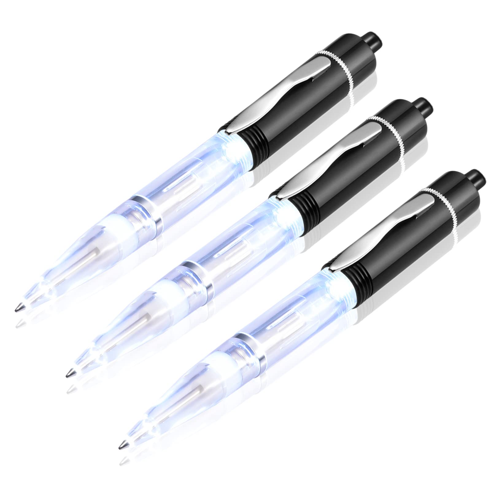 Glovion LED Light Pen - 3 Pack White Light Ballpoint Pens with Black Shell for Night Writing, Reading & Signing in Low Light Conditions