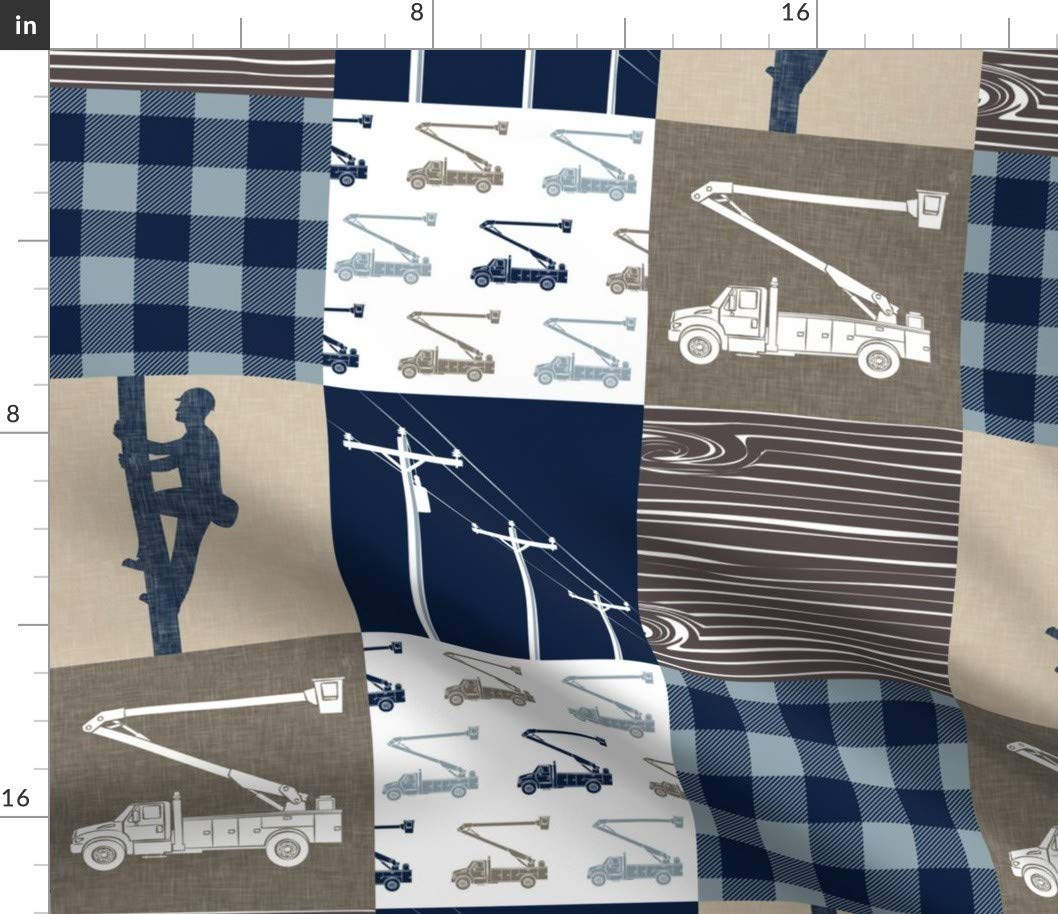 Premium Spoonflower Fabric - Lineman Patchwork Cheater Quilt Design in Navy, Tan & Brown with Electrician Bucket Print on Petal Signature Cotton Fabric by The Yard - Perfect for Sewing, Quilting, Apparel, Crafts & Home Decor - Ideal for DIY Quilts, Clothing, Pillows & Wall Art