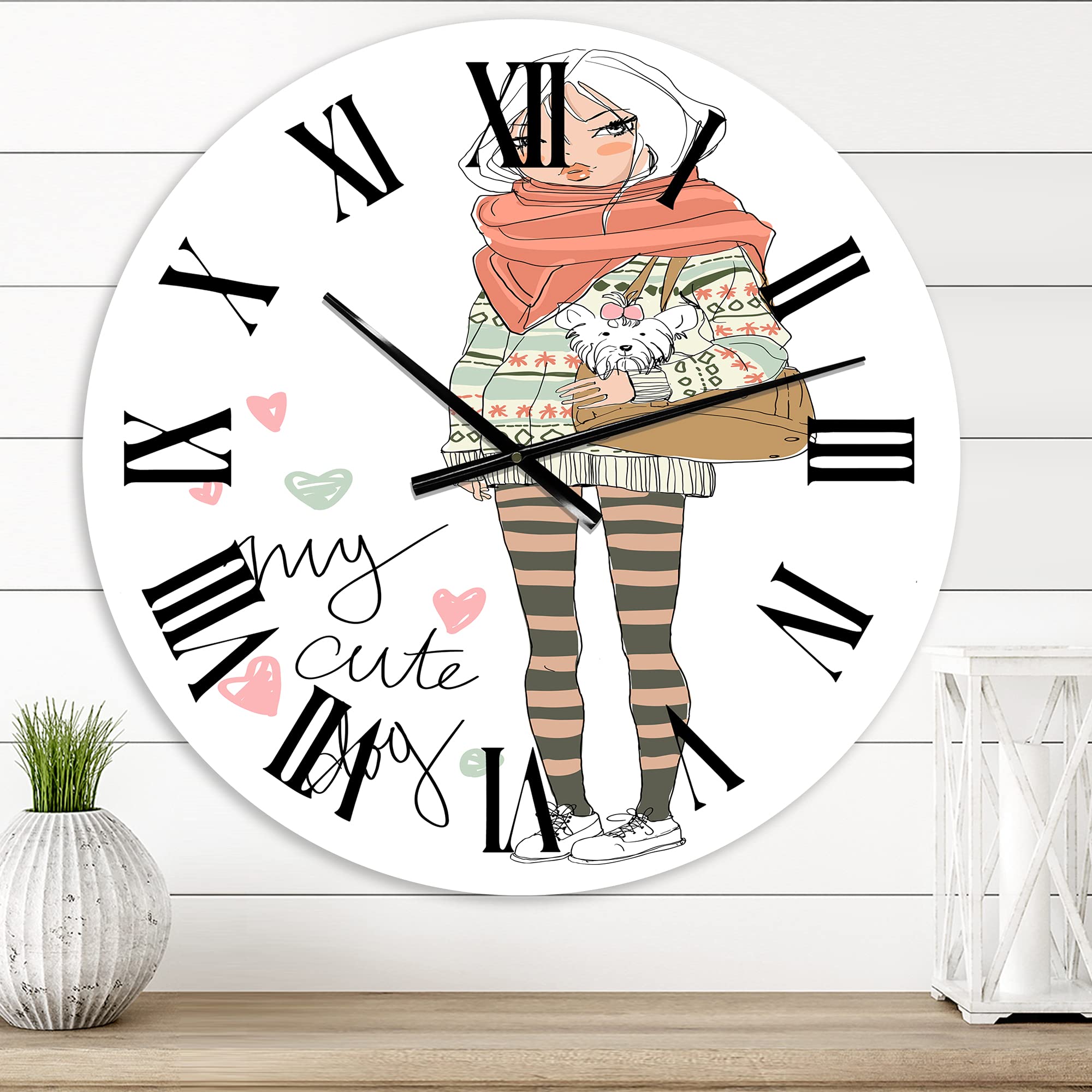 DesignQ Shabby Chic Wall Clock - 'Cute Girl with Dog' Vintage Large Wall Clock for Living Room, Bedroom & Office Decor | Perfect Farmhouse Home Décor Gift Idea
