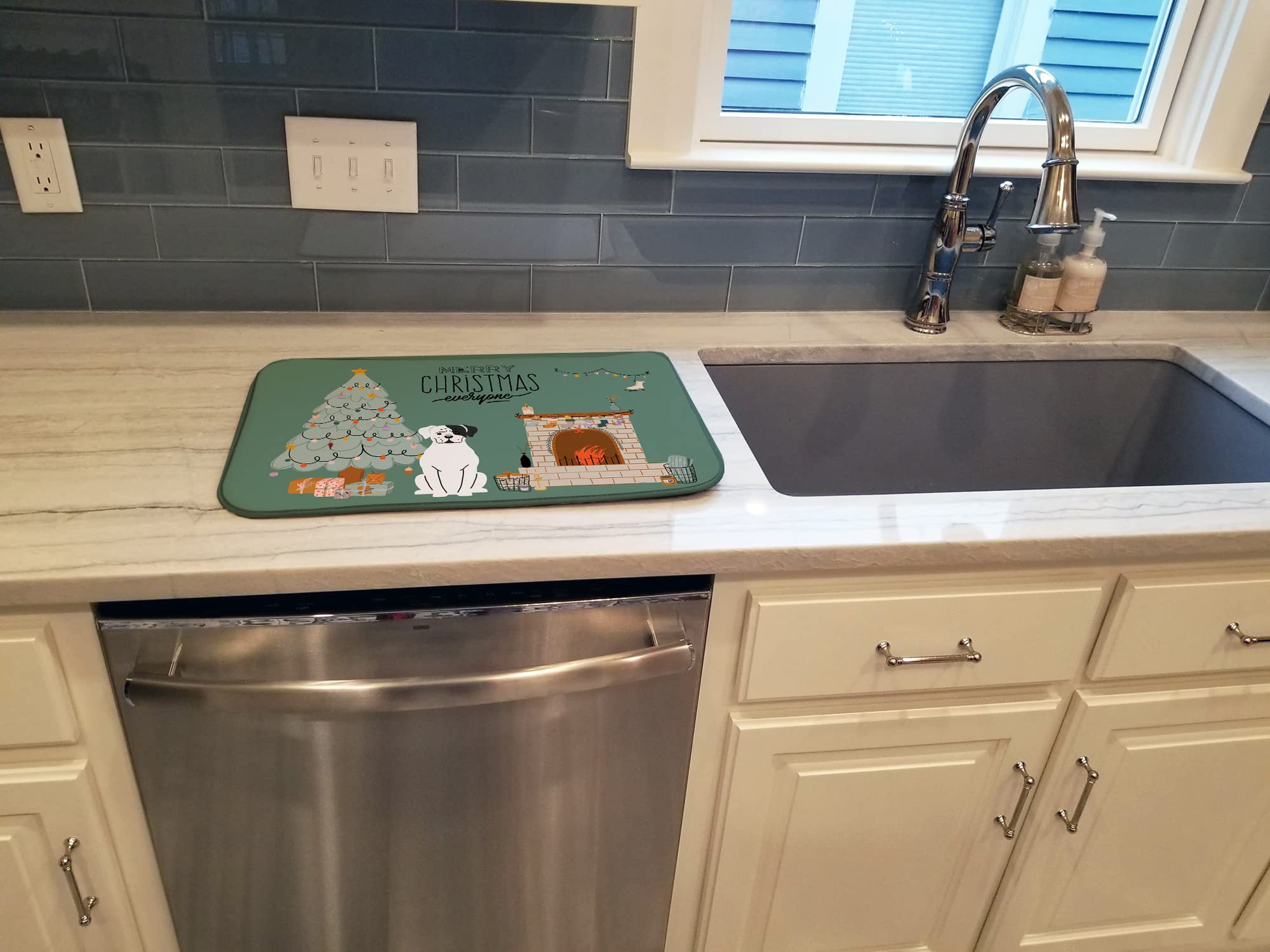 White Boxer Christmas Dish Drying Mat - Absorbent Kitchen Counter Pad (14x21