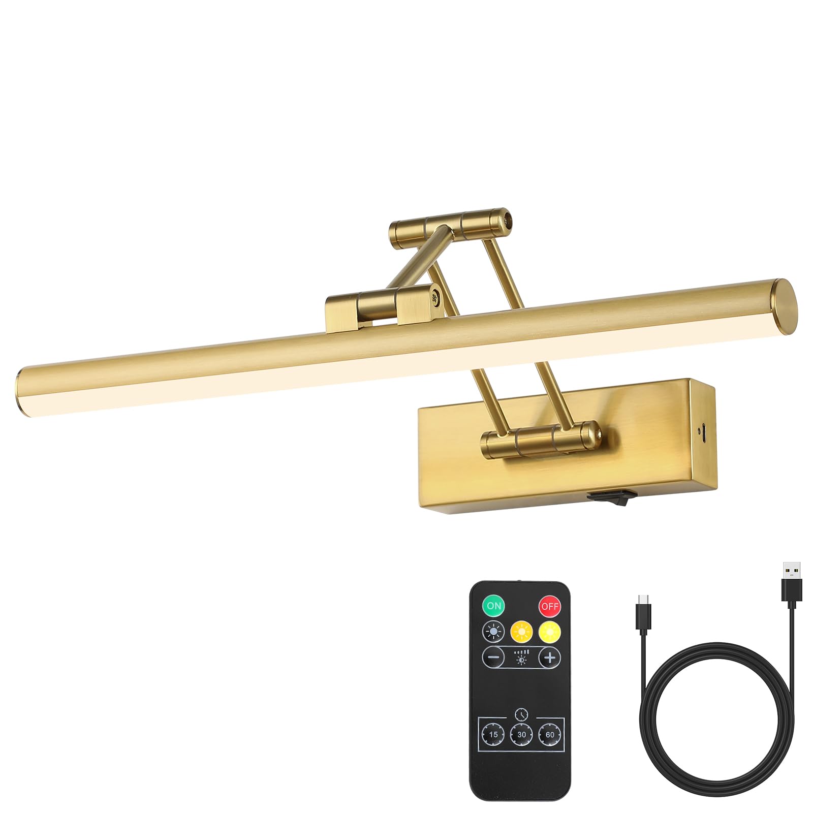 Joossnwell 15.5 Inch Wireless LED Picture Light with Remote - Rechargeable, Dimmable Art Light with Timer for Paintings, Wall Galleries & Libraries | Battery Operated Brass Gallery Lighting for Home Décor & Art Display