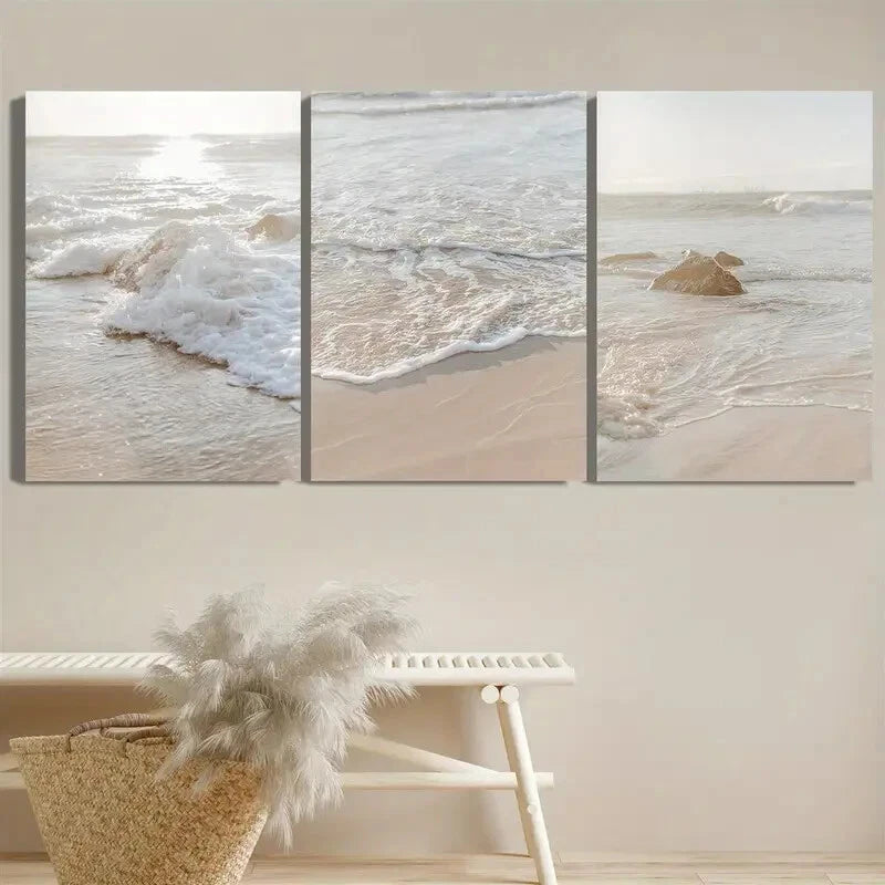 3-Piece Minimalist Modern Art Metal Print Set - Beach & Waves Wall Decor - Ready to Hang for Living Room, Bedroom, or Office