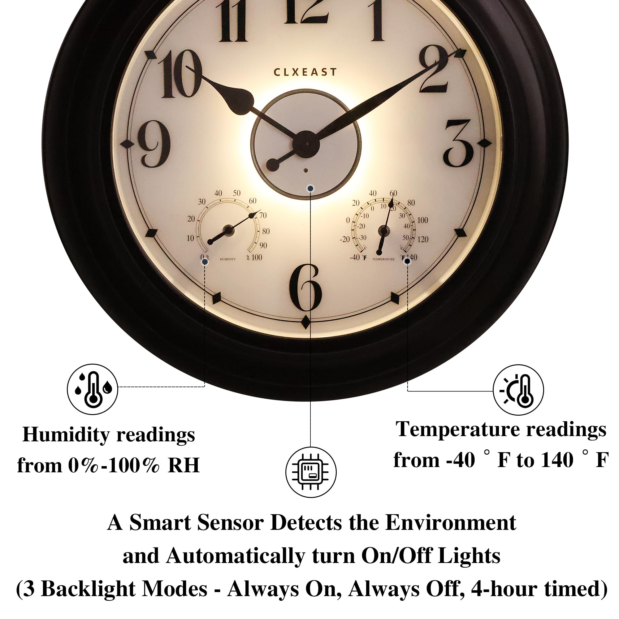 CLXEAST 24 Inch LED Outdoor Metal Clock - Waterproof, Large Lighted Wall Clock with Temperature & Humidity Display - Oil Rubbed Bronze Black - Perfect for Patio, Garden, Backyard & Easter Decorations