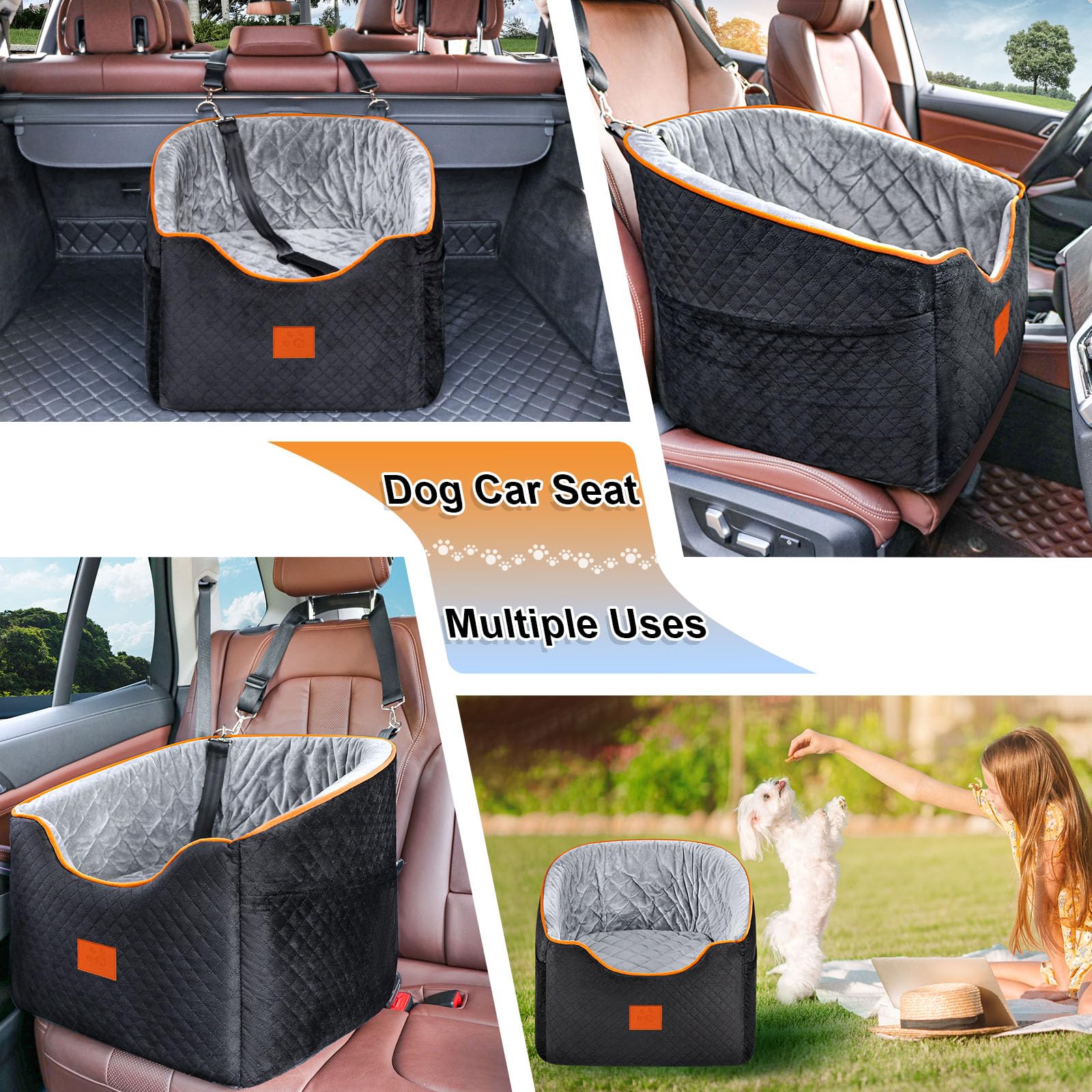 **Memory Foam Dog Car Seat for Small Dogs up to 35 lbs - Washable & Removable Cover with Storage Pockets (Black/Gray) - Perfect for Road Trips, Vet Visits & Daily Commutes**
