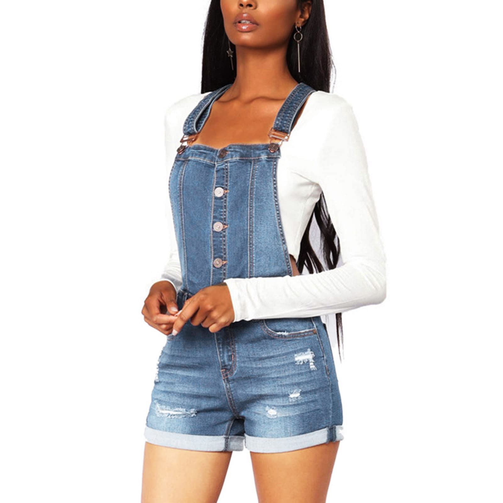 Women's Light Blue Denim Overalls Romper - Summer Casual Ripped Pocket Jumpsuit with Frayed Hem (Size S) | Perfect for Outdoor Festivals, Beach Trips & Casual Day Out