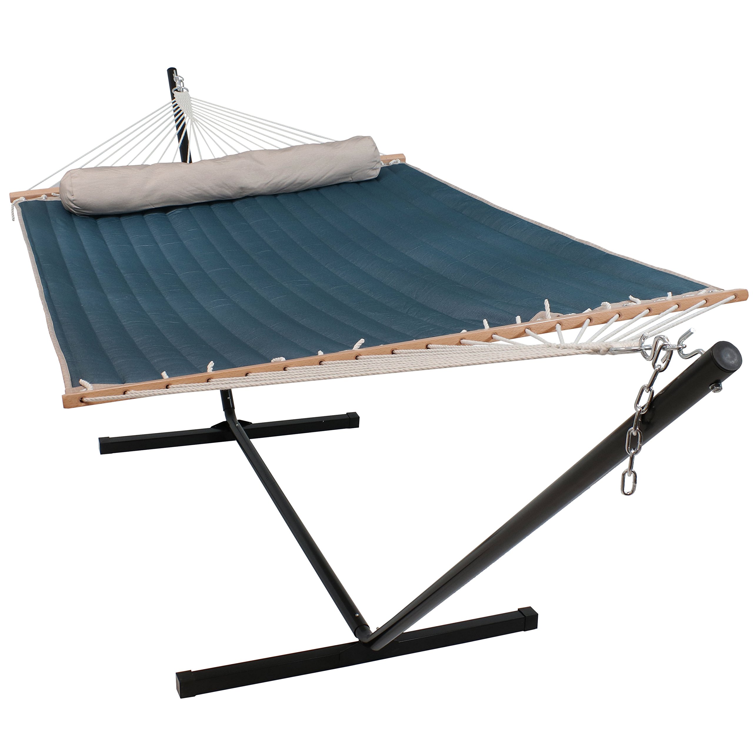 Sunnydaze Double Quilted Fabric Hammock with Stand & Pillow - 350lb Weight Capacity - Black Steel Frame - Tidal Wave Design - Perfect for Backyard, Patio, Beach & Camping Relaxation