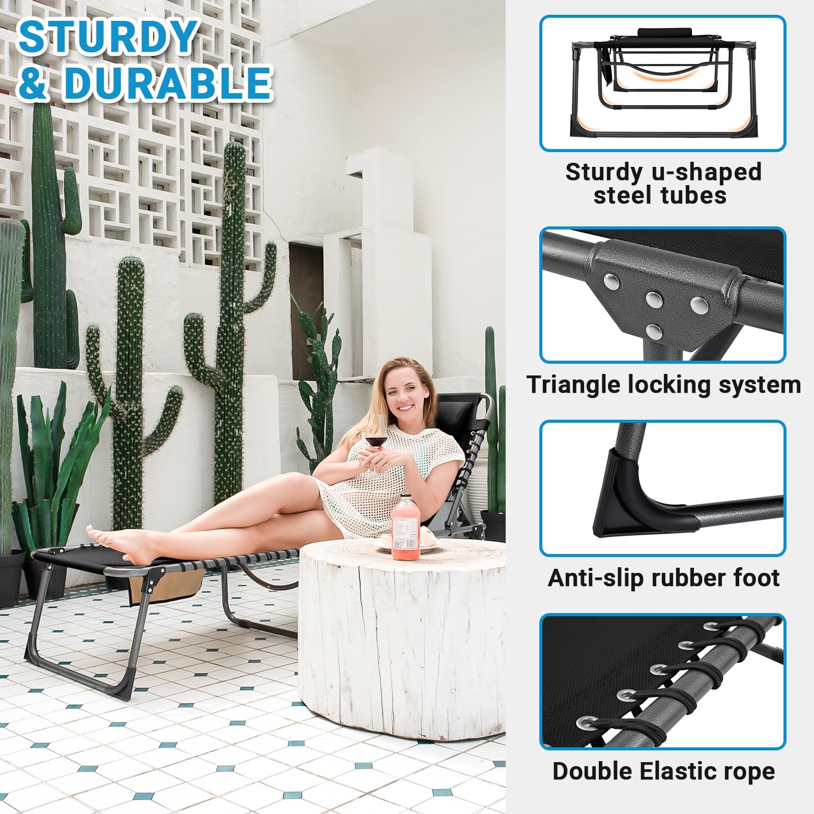KingCamp Adjustable Textilene Folding Chaise Lounge Chair with Mattress & Pillow - Portable Outdoor Patio Furniture for Camping, Beach, Poolside, Lawn & Indoor Relaxation | Perfect for Sunbathing, Lounging & Backyard Comfort