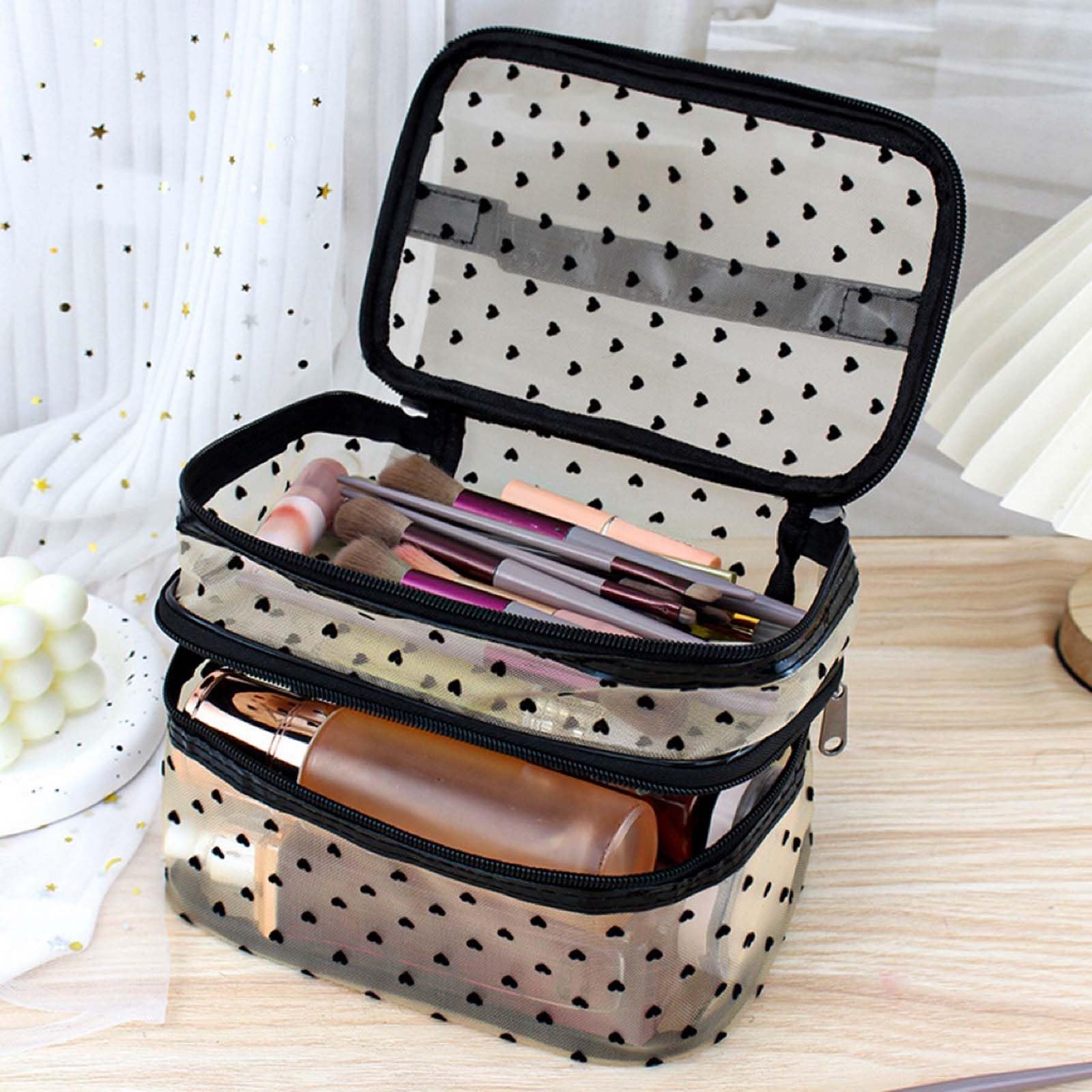 Double Layer Gold Cosmetic Bag for Women - Large Mesh Travel Makeup Pouch & Toiletry Organizer | Perfect for Vacation, Gym, and Daily Essentials Storage