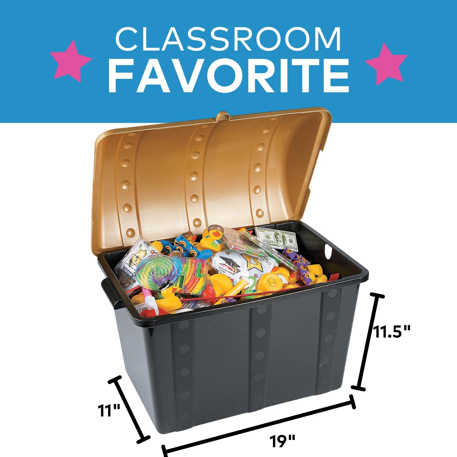 Large Plastic Toy Treasure Chest for Kids - Black & Gold Storage Box (19