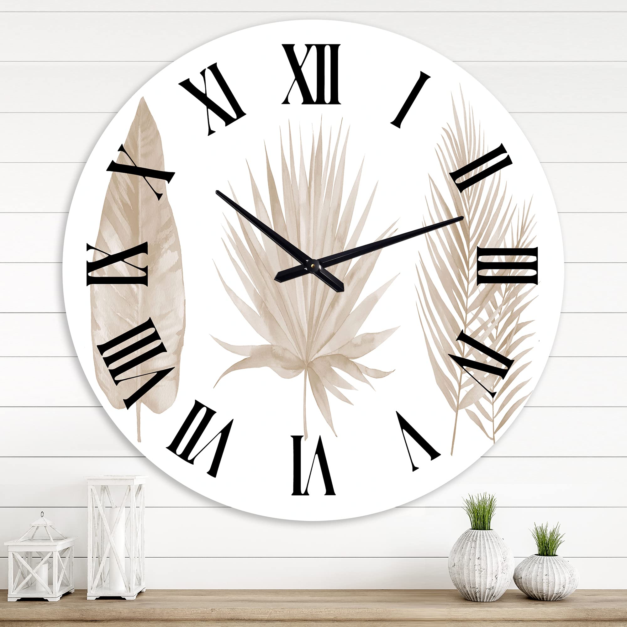 DesignQ Traditional Wall Clock 'Tropical Beige Leaves' - Large Floral Botanical Wall Clock for Bedroom, Living Room & Office Decor - Perfect for Home, Office & Interior Design