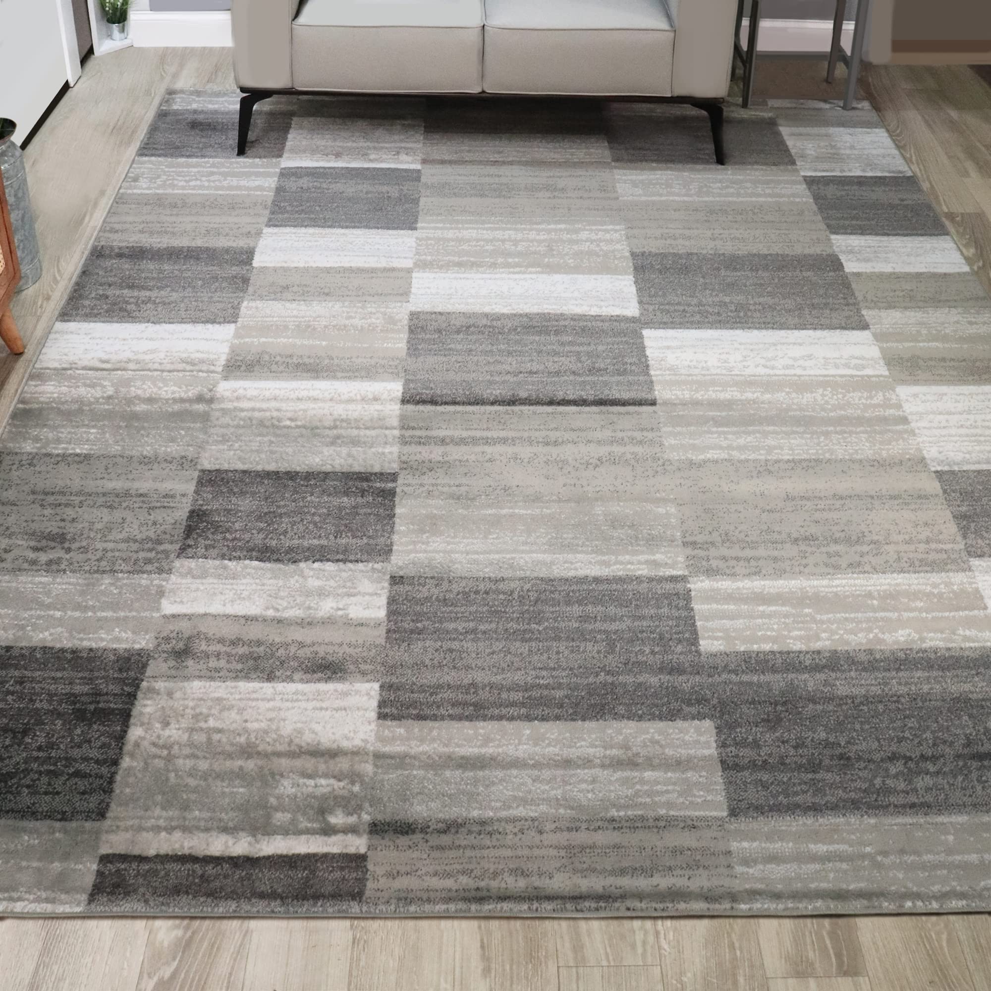 Premium Jute-Backed Indoor Area Rug - Modern Striped Patchwork Design for Living Room, Bedroom, Office & More | Blairwood Collection 5'x8' Silver Rug | Perfect for Hardwood Floors, Dorms, Entryways & Dining Areas