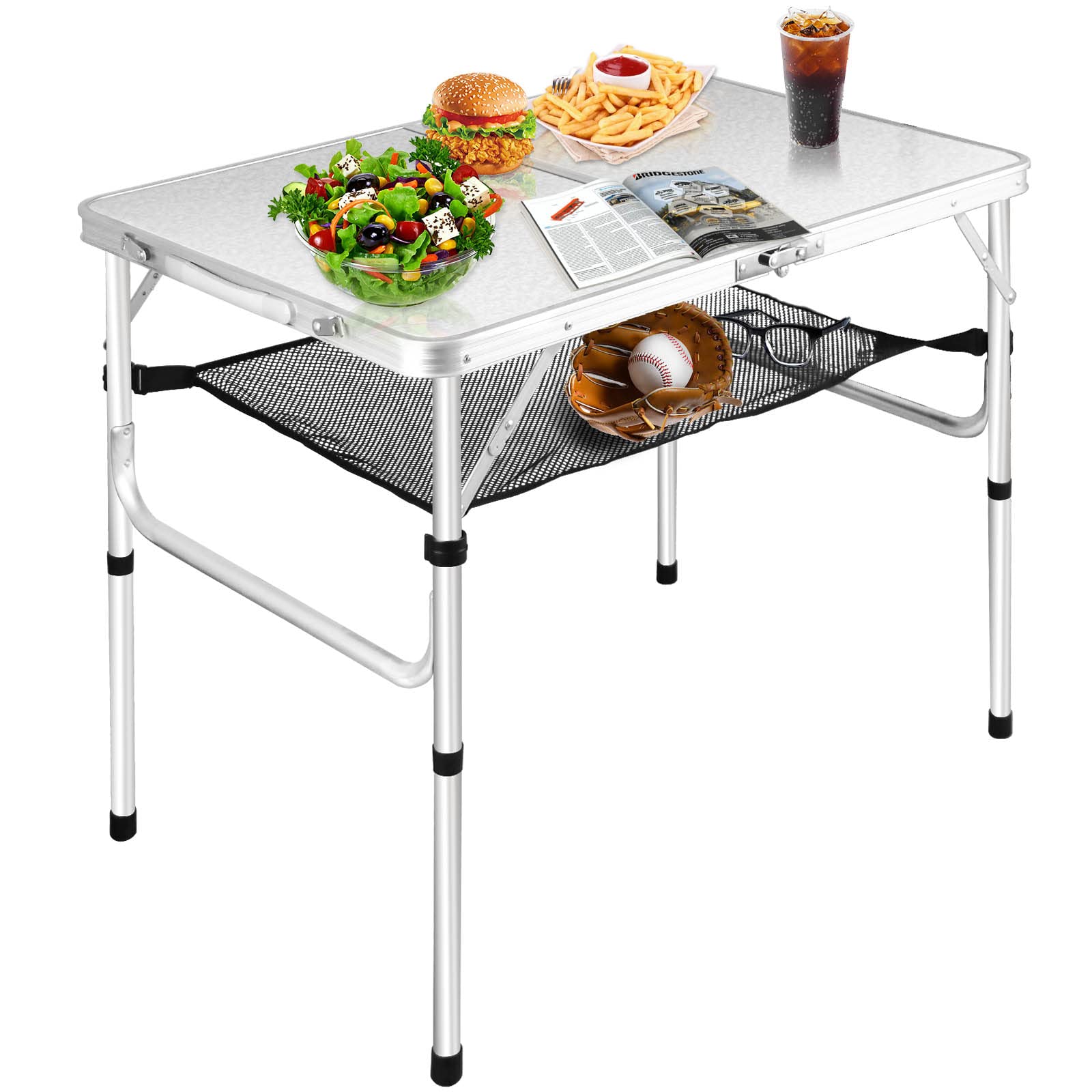 FURFIMU 3Ft Folding Table - Adjustable Height Portable Camping Table with Net Mesh, White Metal Foldable Table for Outdoor, Beach, Patio, BBQ & Backpacking | Perfect for Picnics, Tailgating & Small Space Living