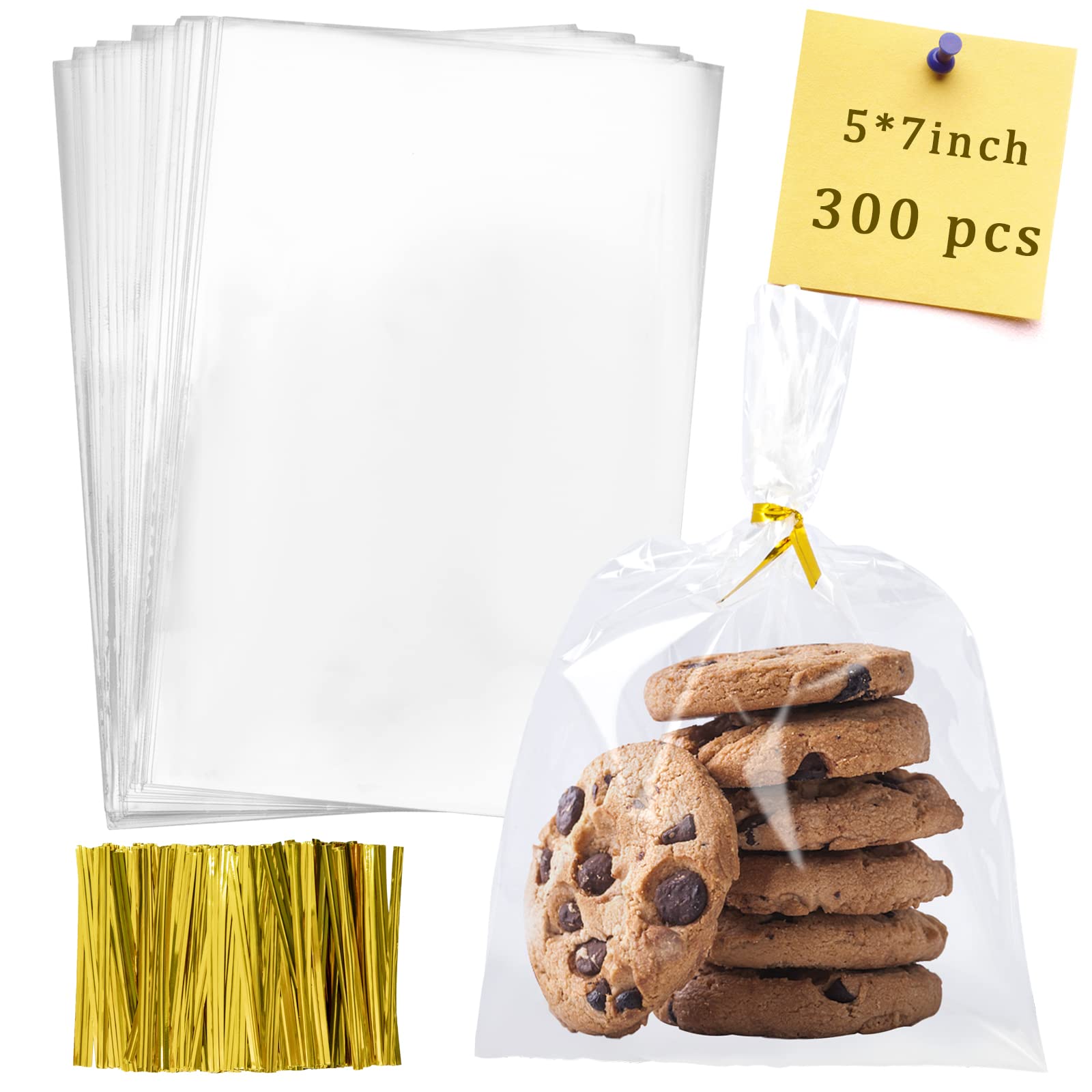 300 Pcs 5x7 Clear Plastic Treat Bags with Ties - Labeol Cellophane Gift Packaging Bags for Cookies, Candy, Bakery Favors | Perfect for Party Favors, Wedding Treats & Holiday Gift Wrapping