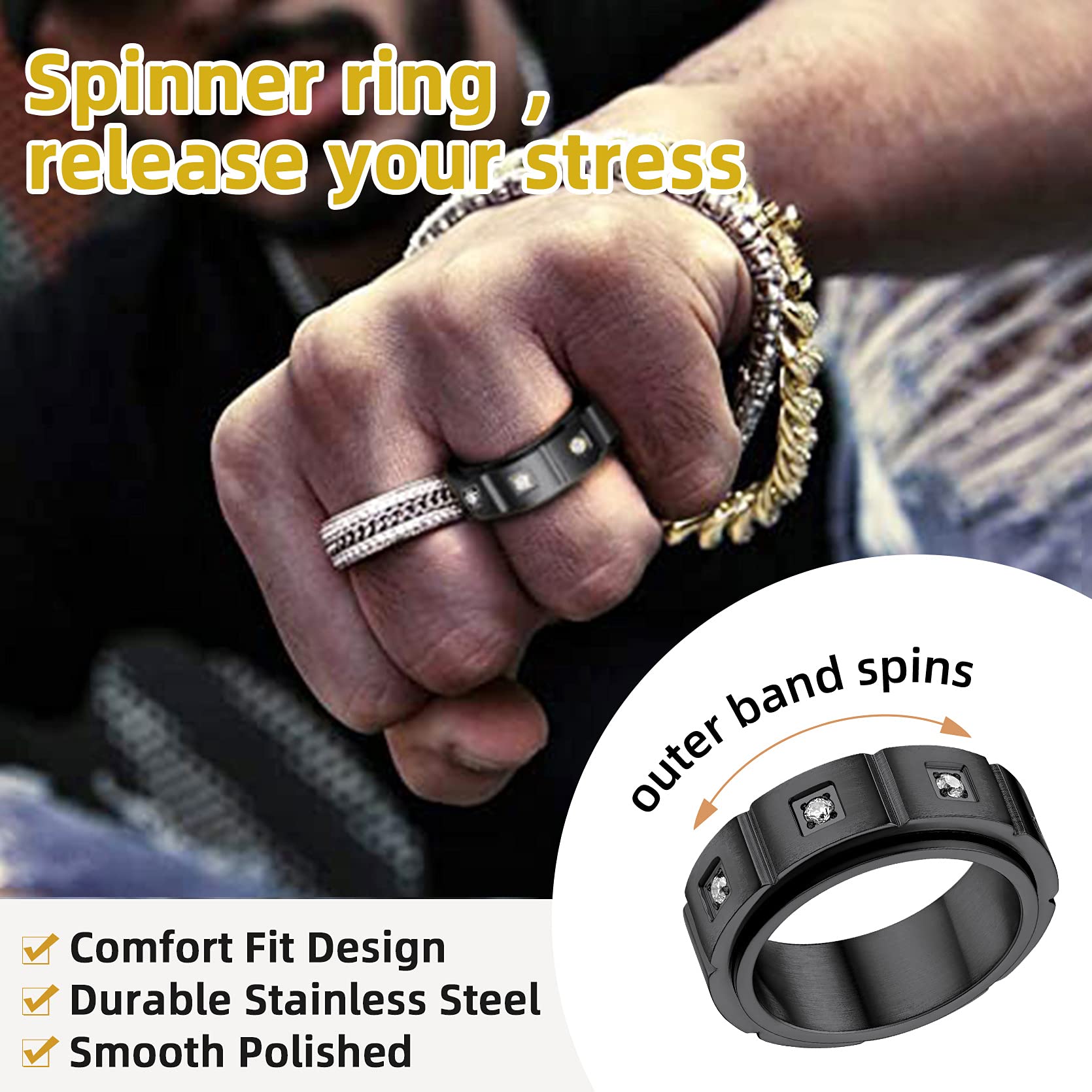 GOLDCHIC Spinner Ring for Men & Women - Anxiety Relief Fidget Ring with Sand Blast Finish, Celtic Design | Titanium Steel, Black & 18K Gold Plated (8mm) | Size 7-12 | Gift Box Included | Perfect for Stress Relief, ADHD, Meditation & Everyday Wear