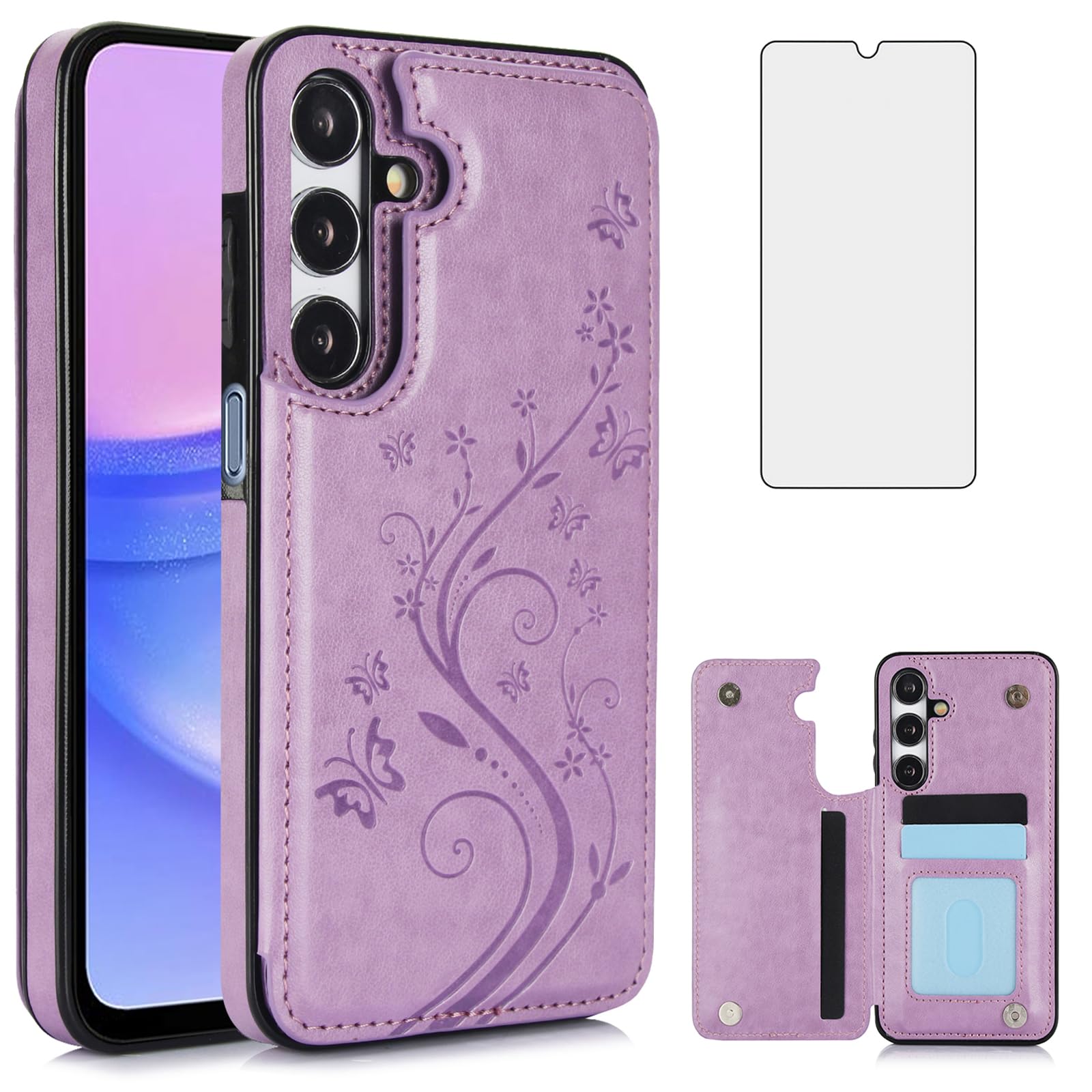 Premium Leather Flip Wallet Case for Samsung Galaxy A15 5G/4G (SM-A156B/A155F) with Tempered Glass Screen Protector & Card Holder - Stand Feature for Hands-Free Viewing - Stylish Purple Unisex Design for Men & Women - Perfect for Work, Travel & Daily Protection