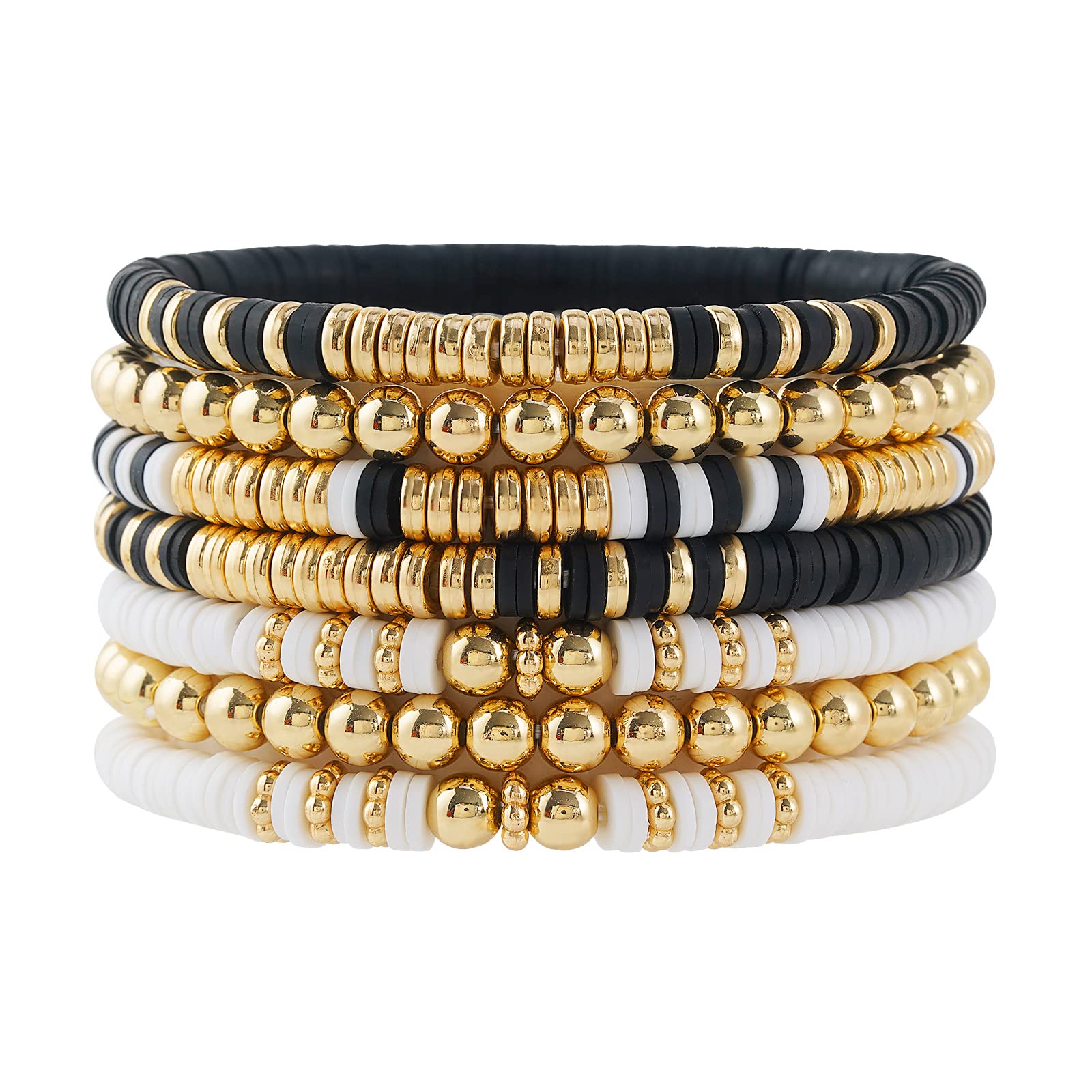 Surfer Heishi Bracelet Set for Women - Stackable Gold Clay Polymer Bead Stretch Bracelets - Pink Beach Layering Jewelry for Summer Vacations & Boho Fashion