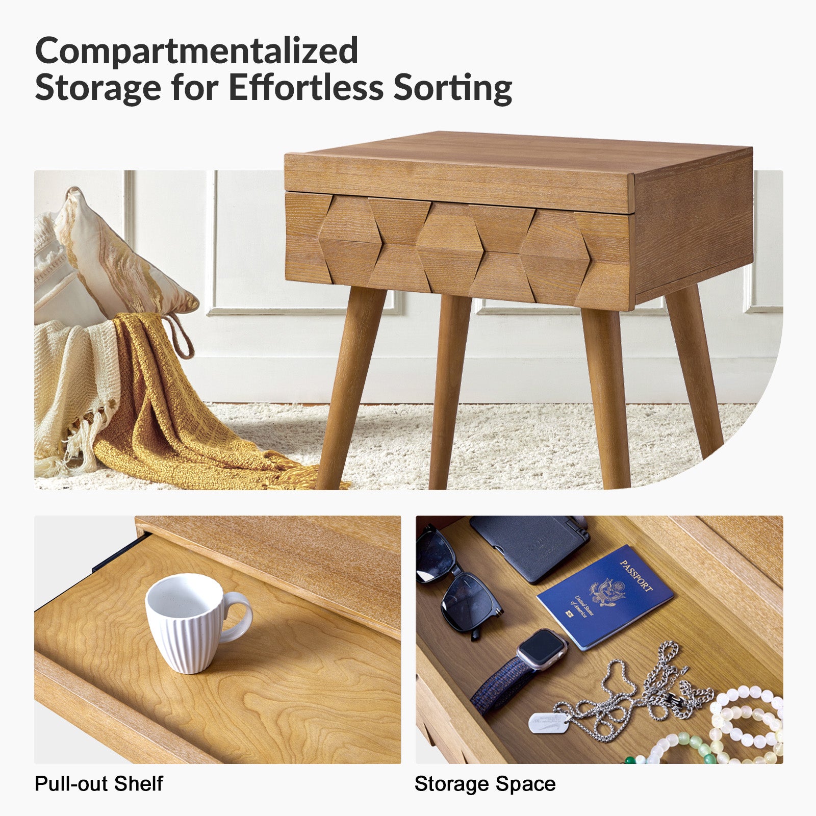 Vivian Mid-Century Modern Nightstand with USB Charging Station - Wooden Bedside Table with Drawer & Shelf - Perfect for Bedroom, Living Room, or Guest Room - Fast Charging & Stylish Storage Solution