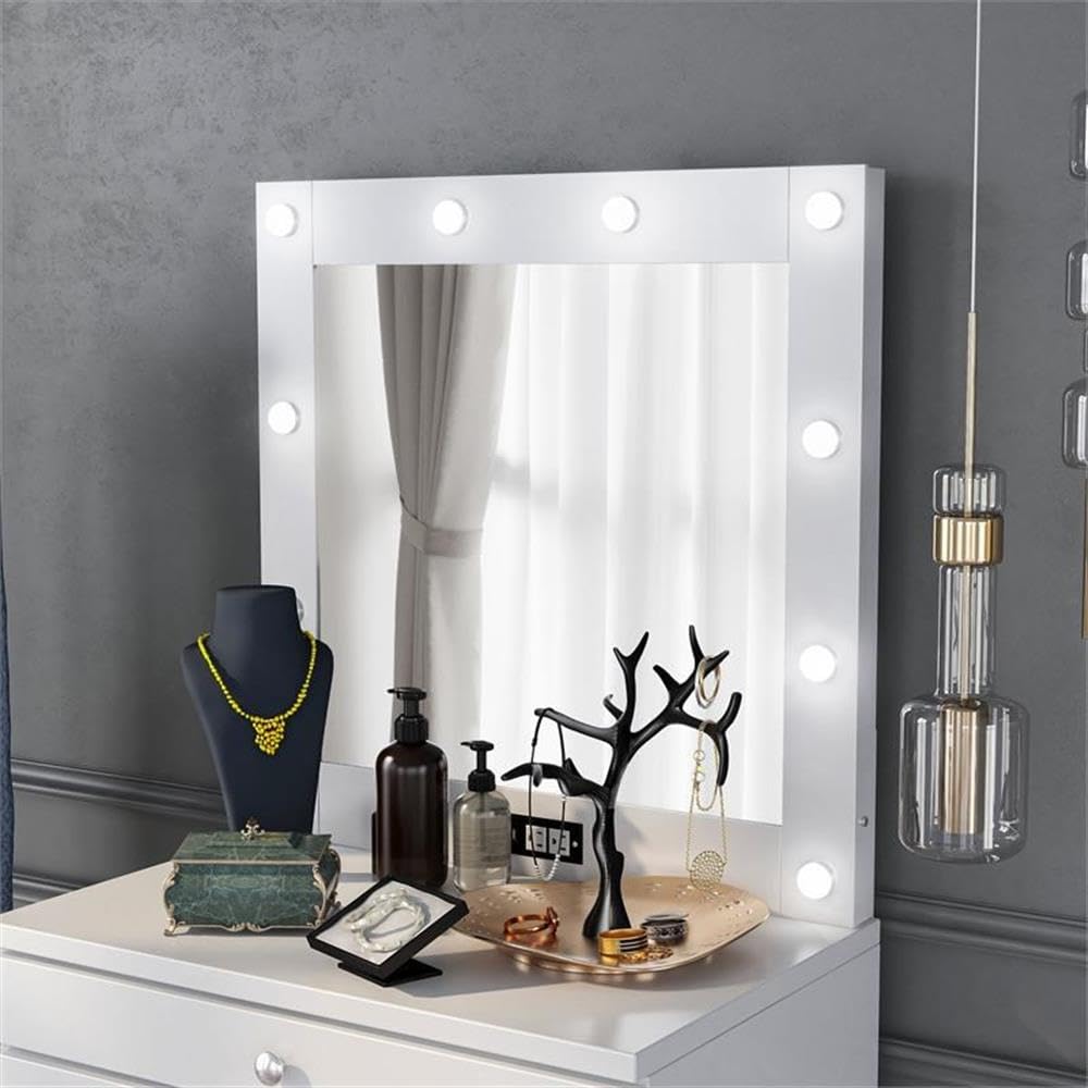 Furniture of America Lita Contemporary White Wood Vanity Mirror with LED Bulbs - Perfect for Bedroom Dressing Table & Makeup Station