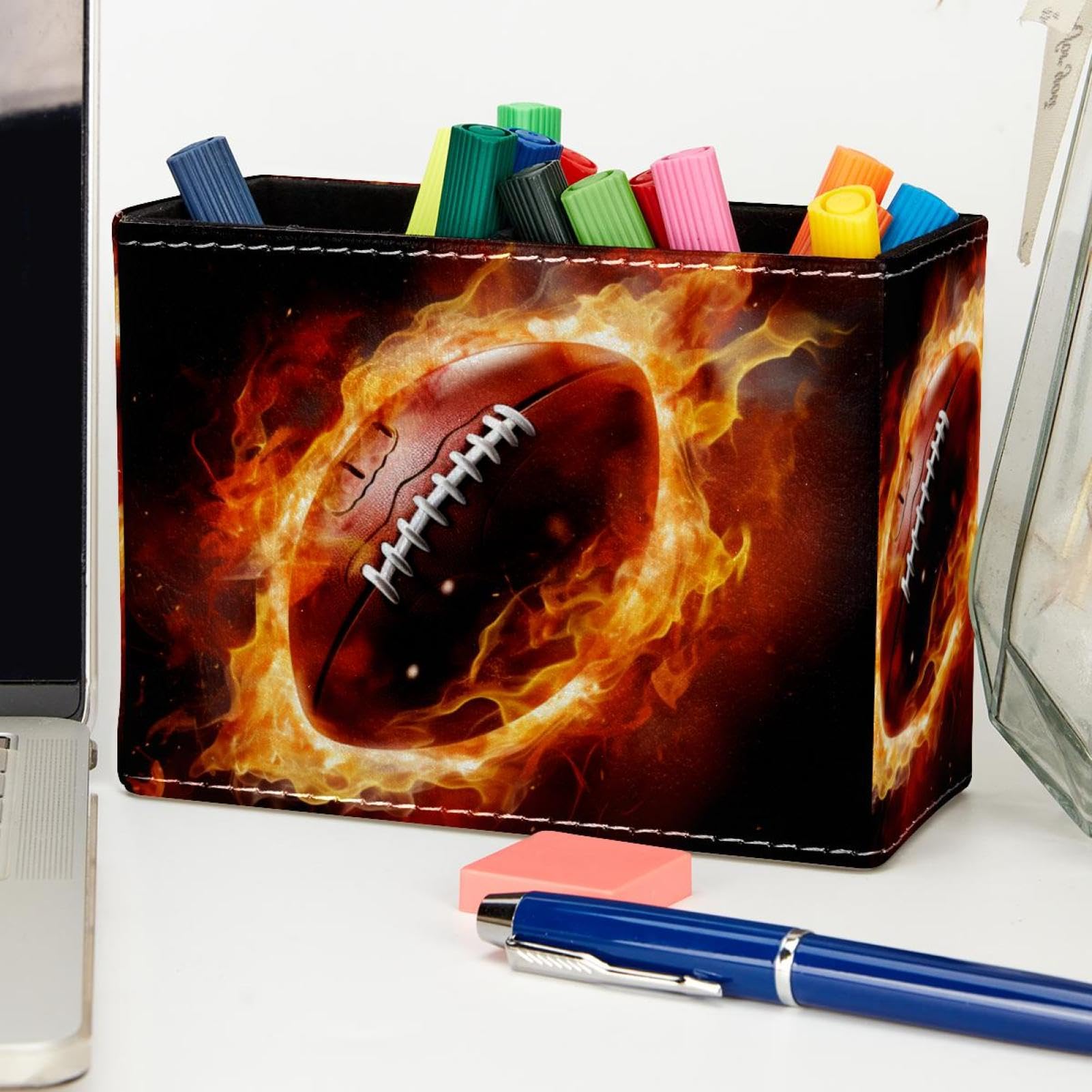 Premium Desk Pen Holder & Pencil Organizer - American Football & Fire Design - Office Supplies for Home, School, and Workplace Organization
