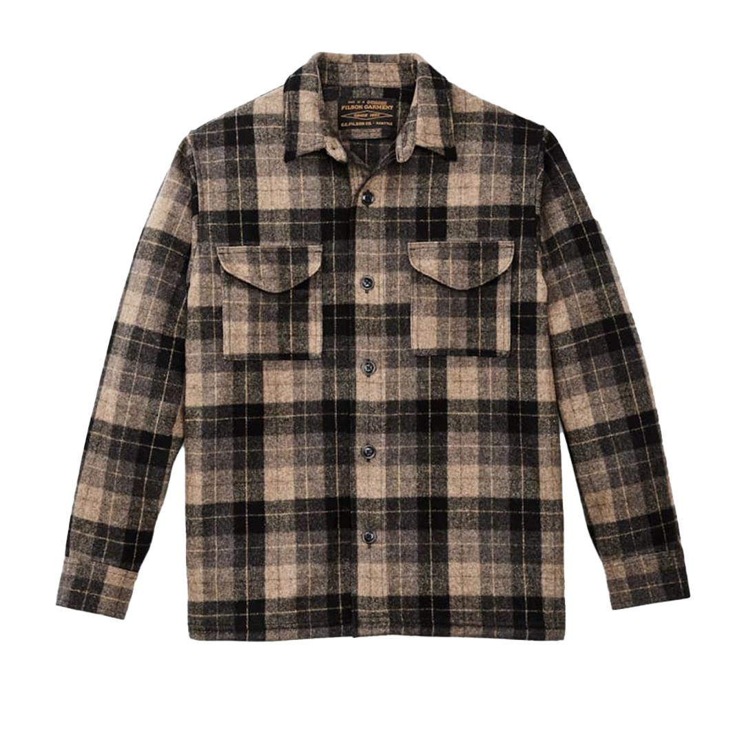 Filson Wool Jac Shirt for Men - Warm Oat Brown Heather Plaid Flannel Shirt for Outdoor Camping & Winter Hiking