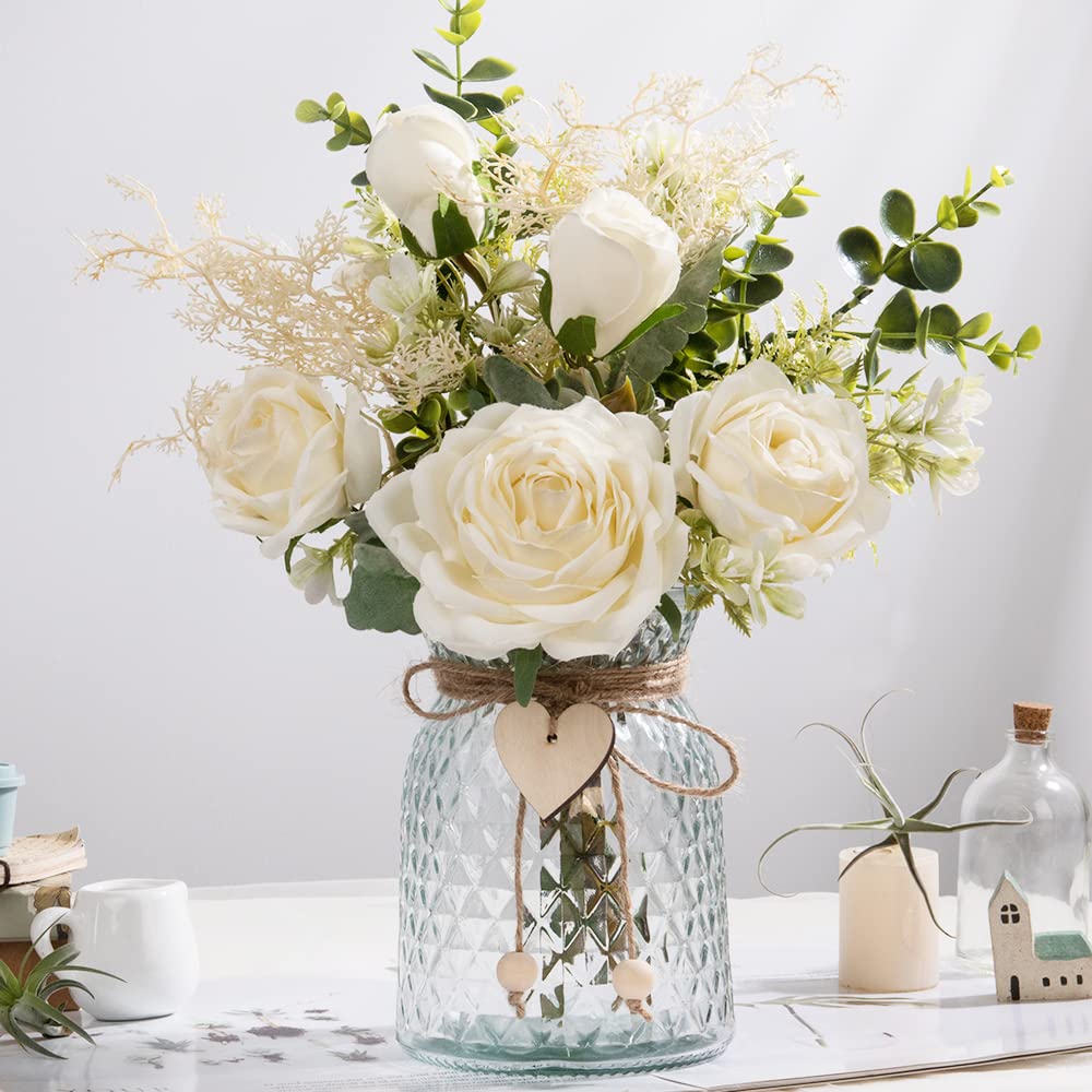 Silk Rose Flowers in Glass Vase - Artificial White Rose Floral Arrangement for Home Decor, Wedding Centerpiece & Table Decoration | Elegant Fake Roses for Living Room, Dining Table & Office Desk