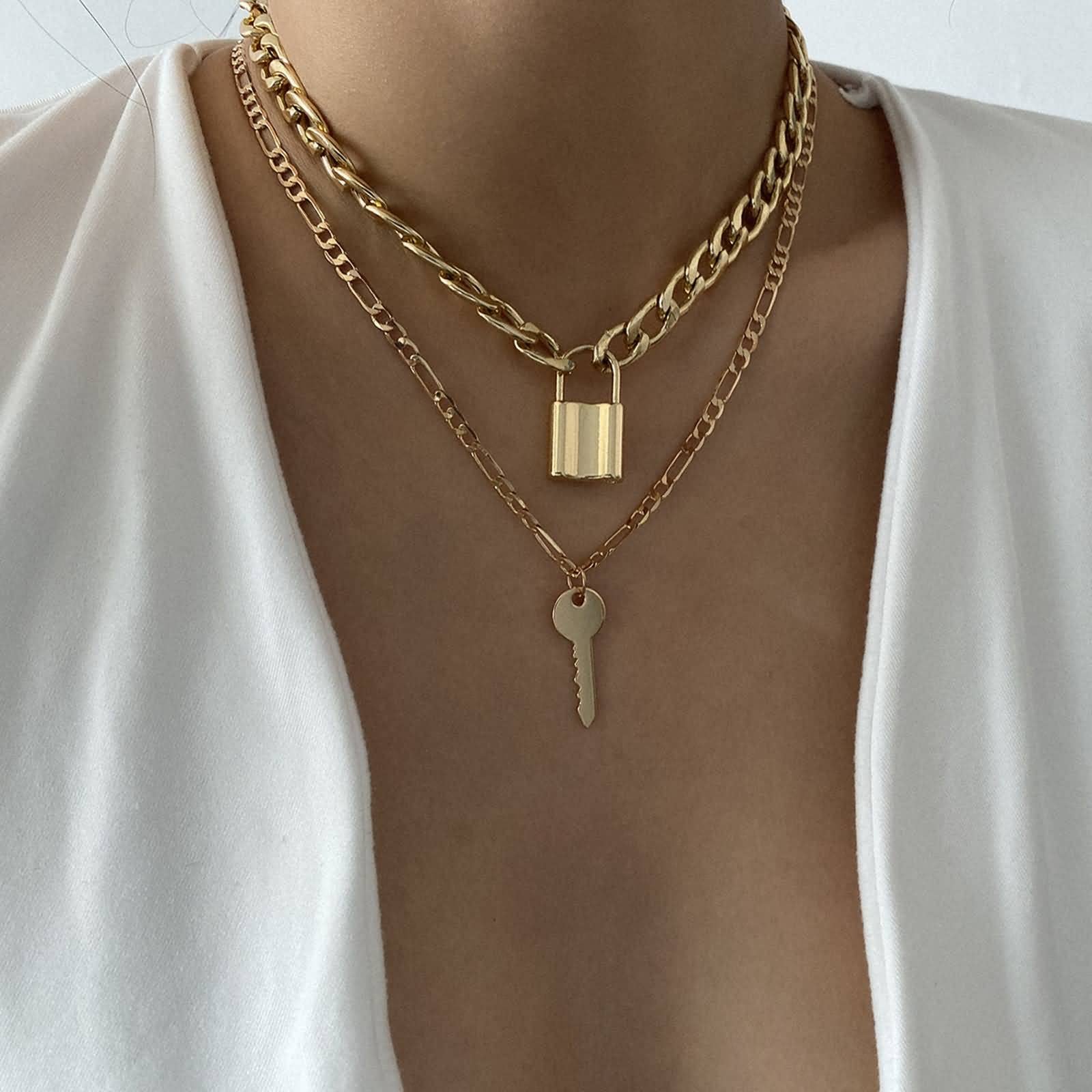 Dainty Layered Necklace Set for Women - 2 Piece Key & Lock Pendant Choker & Chain Necklace Jewelry | Birthday Gift for Her, Valentine's Day Present | Perfect for Layering, Everyday Wear & Special Occasions