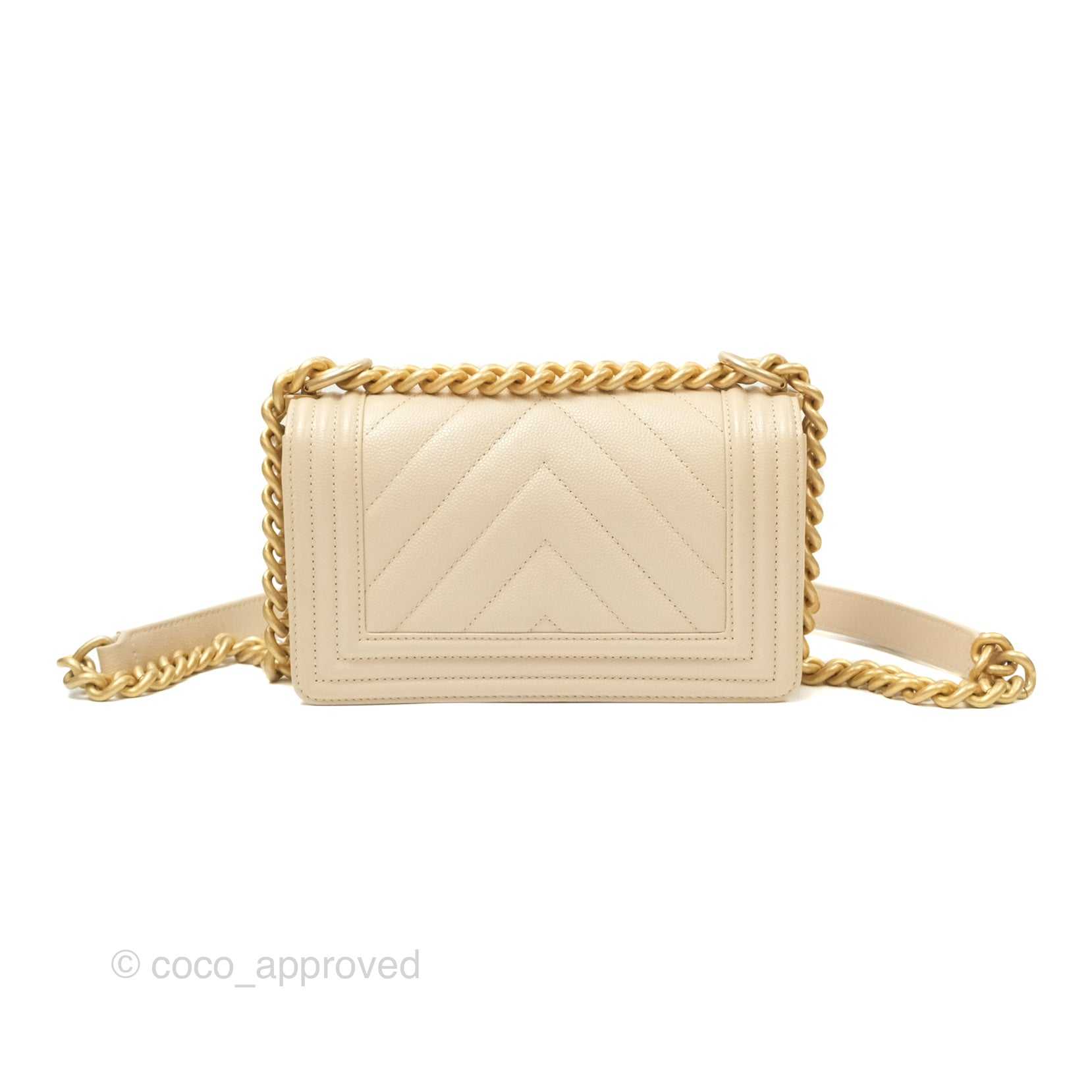 Chanel Chevron Small Boy Bag in Cream Ivory Caviar Leather with Aged Gold Hardware - Perfect for Luxury Fashion & Everyday Elegance