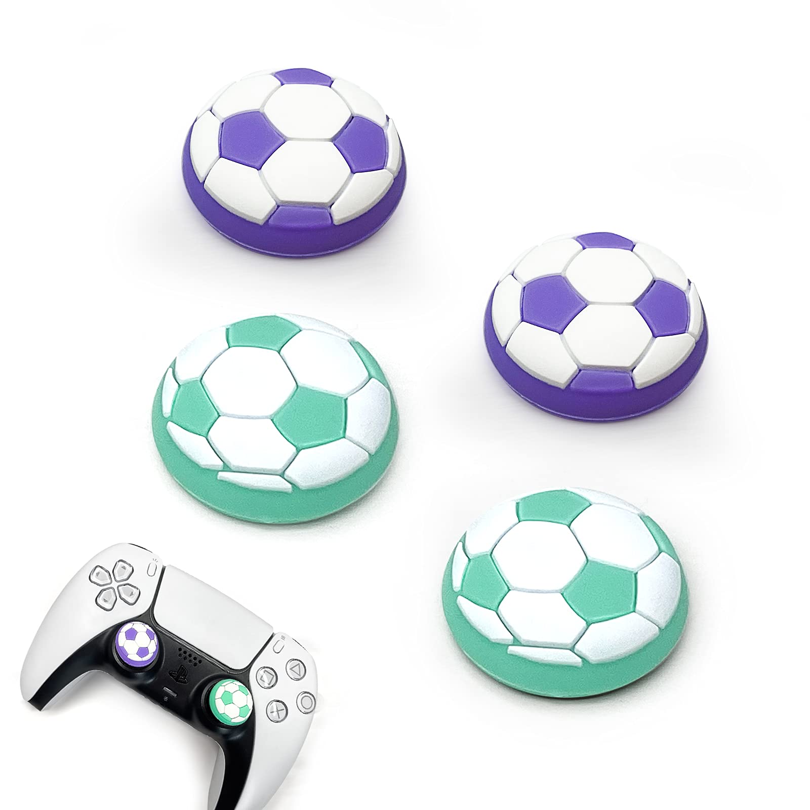 Daugee Silicone Joystick Thumb Grip Caps for PS5/PS4/PS3/PS2, Xbox One/360 Controllers - 4-Pack Football Design (Green & Purple) | Non-Slip Grip, Enhanced Gaming Comfort for Long Play Sessions
